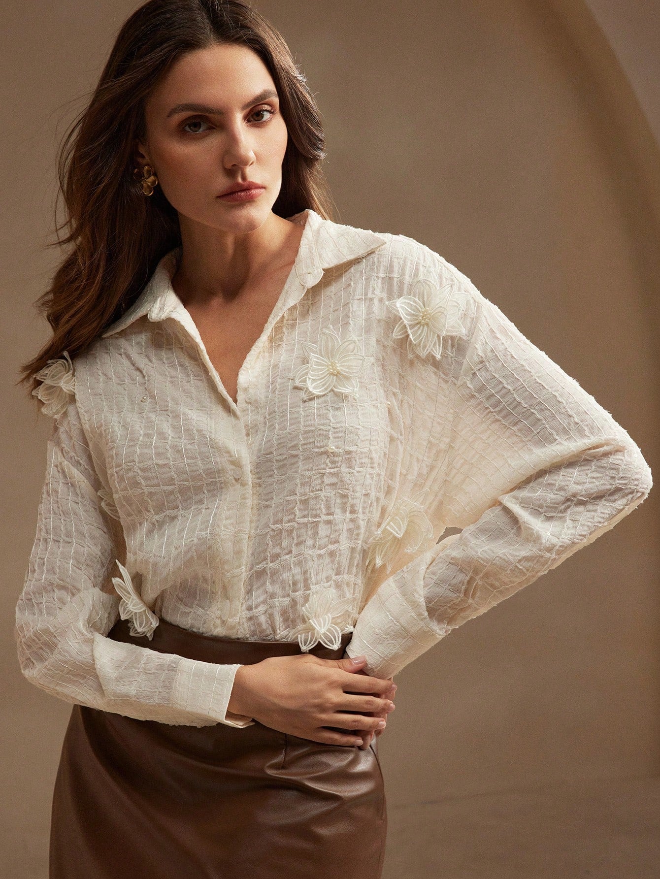 Fashionable Casual Shirt With Pearls And 3D Floral Pattern