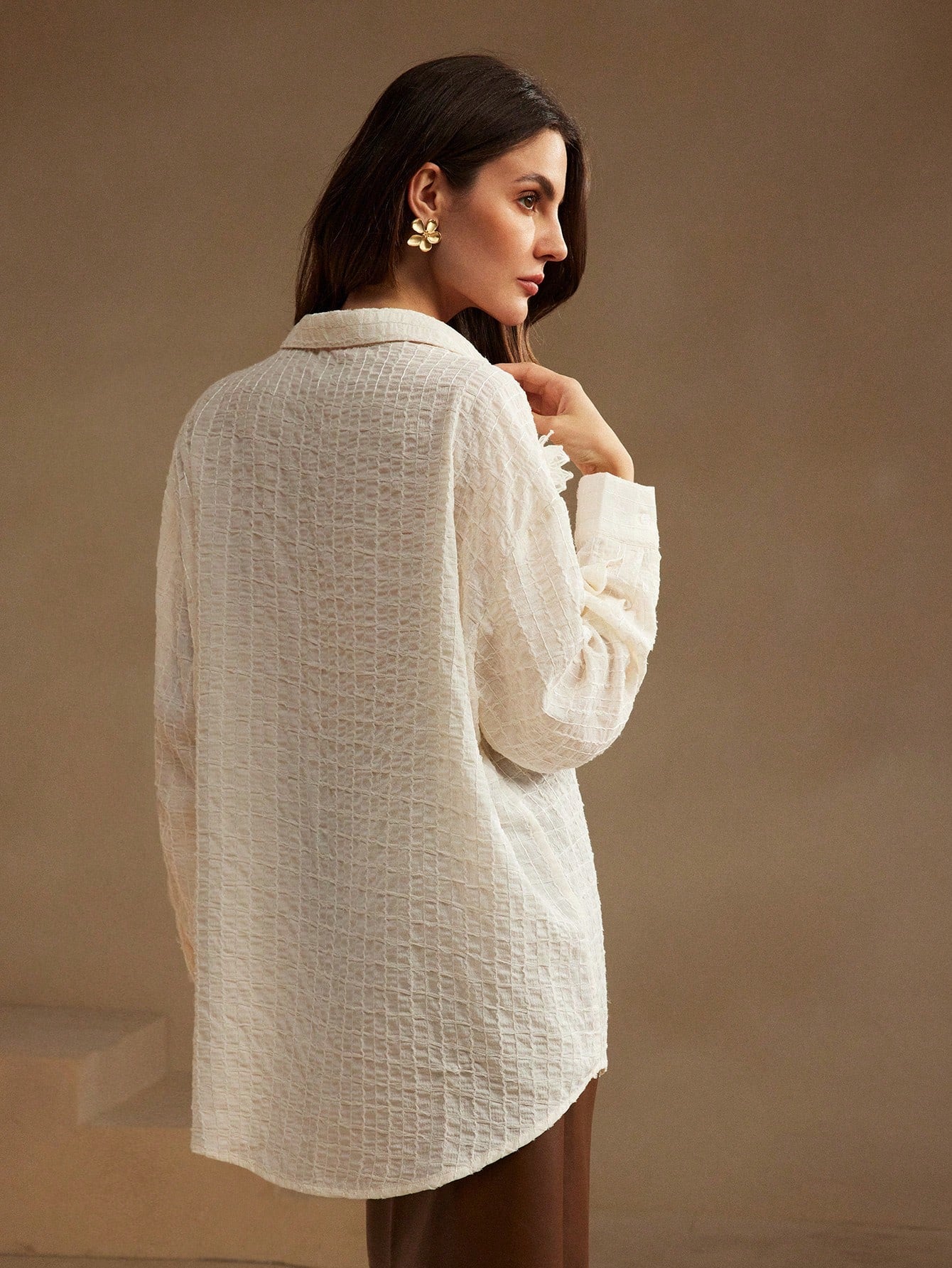 Fashionable Casual Shirt With Pearls And 3D Floral Pattern