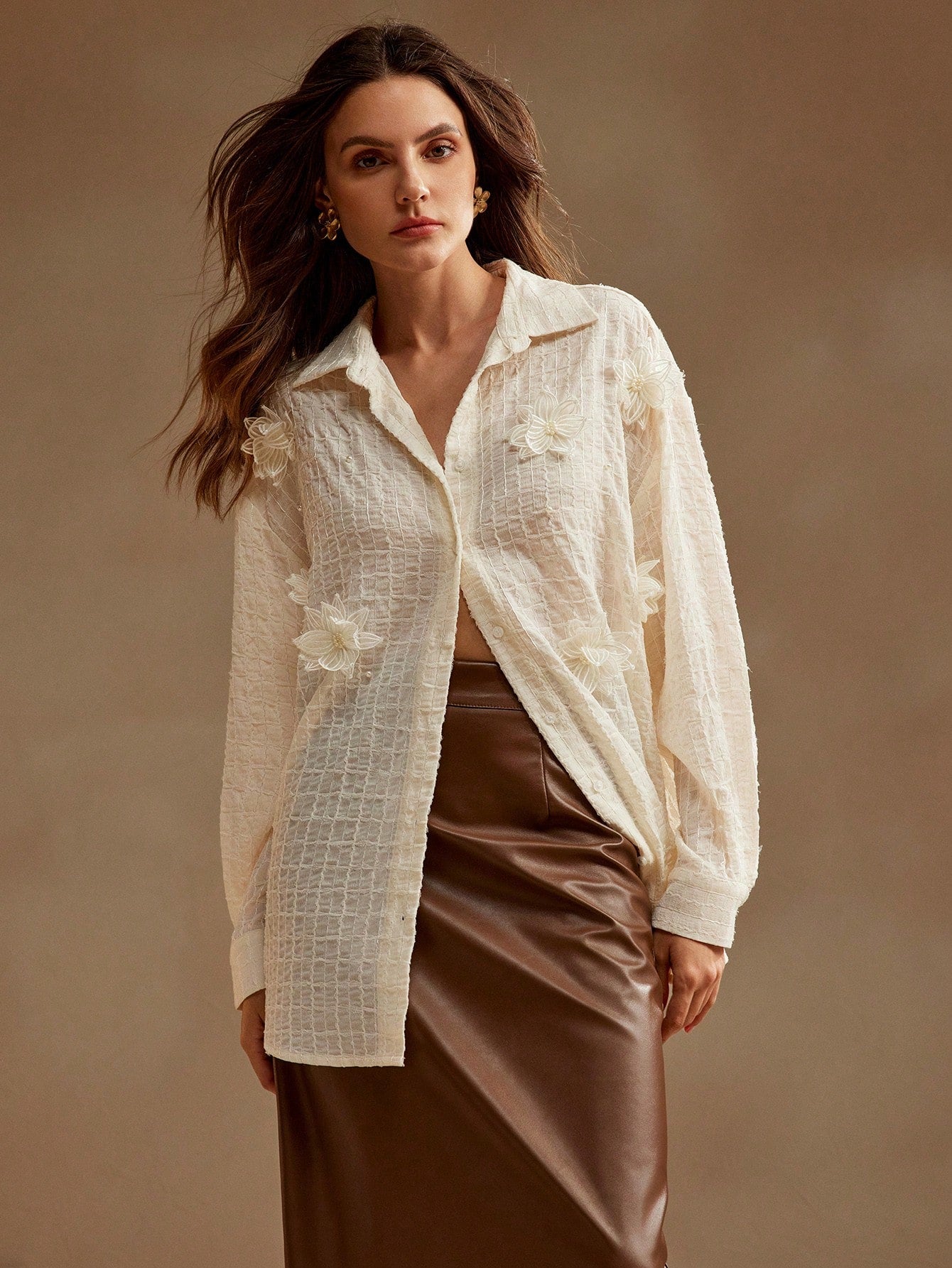 Fashionable Casual Shirt With Pearls And 3D Floral Pattern