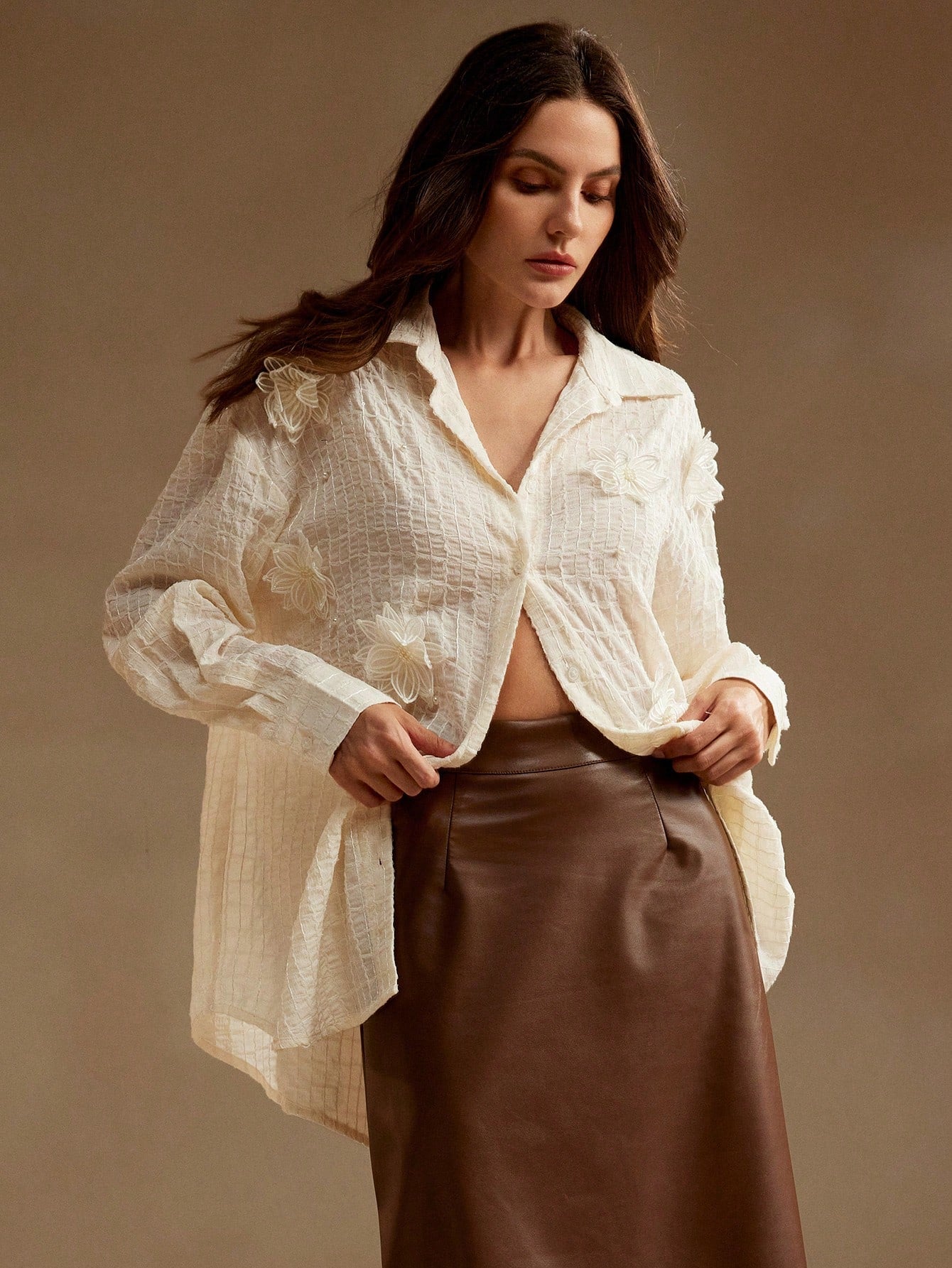Fashionable Casual Shirt With Pearls And 3D Floral Pattern