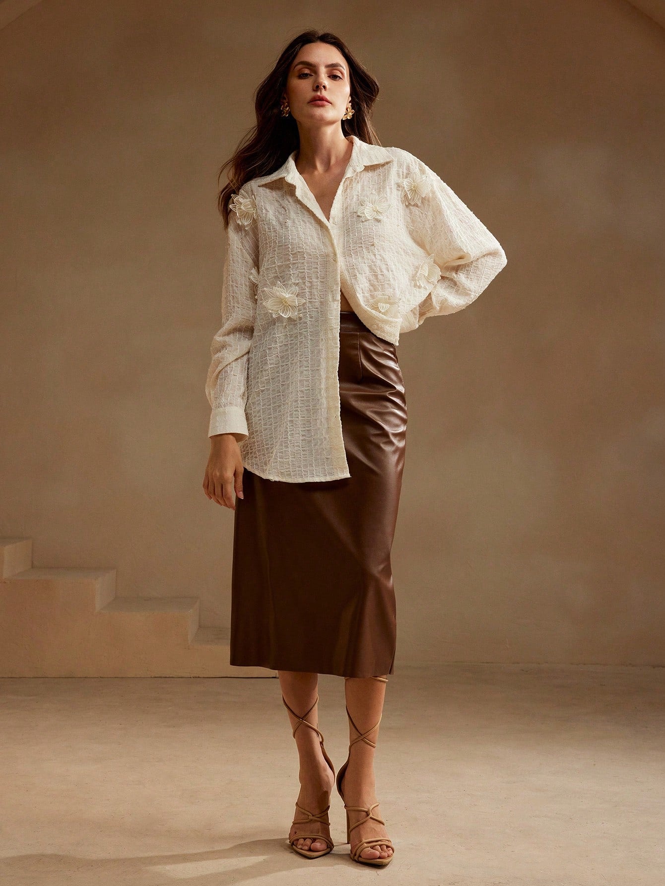 Fashionable Casual Shirt With Pearls And 3D Floral Pattern