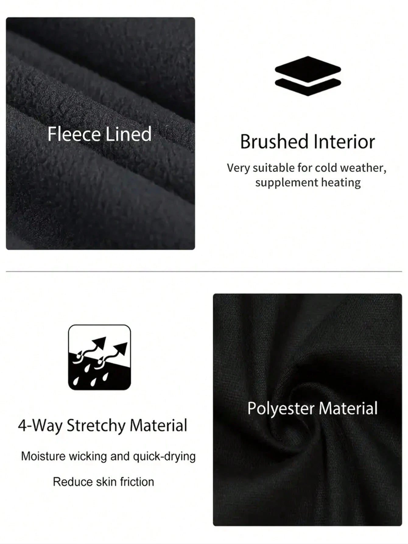 Solid Color Women's Fleece Lined Thermal Underwear Set, Winter Tight Ski Yoga Base Layer Set Black