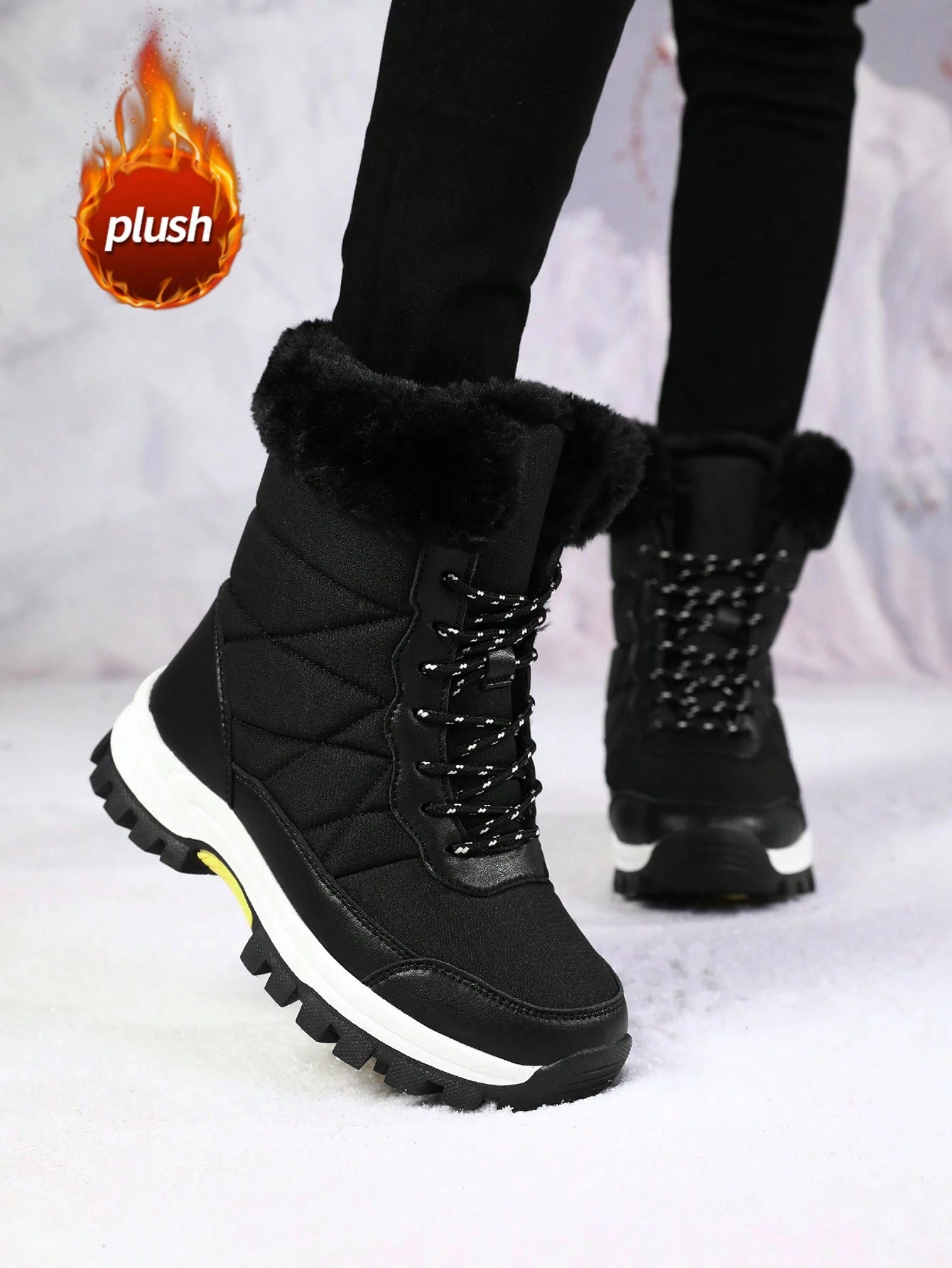 Women's Snow Boots, New Autumn/Winter High-Top Mid-Calf Lace-Up Comfortable Thick-Soled Non-Slip Durable Solid Casual Boots, Fashionable Outdoor Hiking Adventure, Thick Plush Lining, Waterproof Leather Upper, Comfortable And Warm