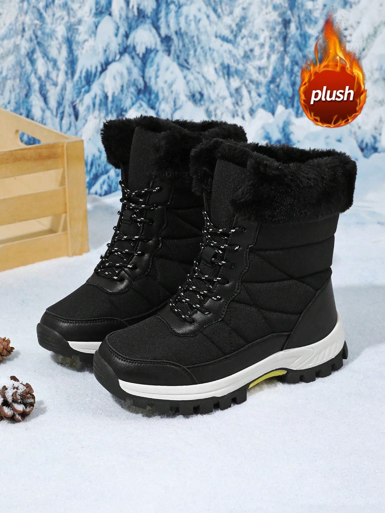 Women's Snow Boots, New Autumn/Winter High-Top Mid-Calf Lace-Up Comfortable Thick-Soled Non-Slip Durable Solid Casual Boots, Fashionable Outdoor Hiking Adventure, Thick Plush Lining, Waterproof Leather Upper, Comfortable And Warm