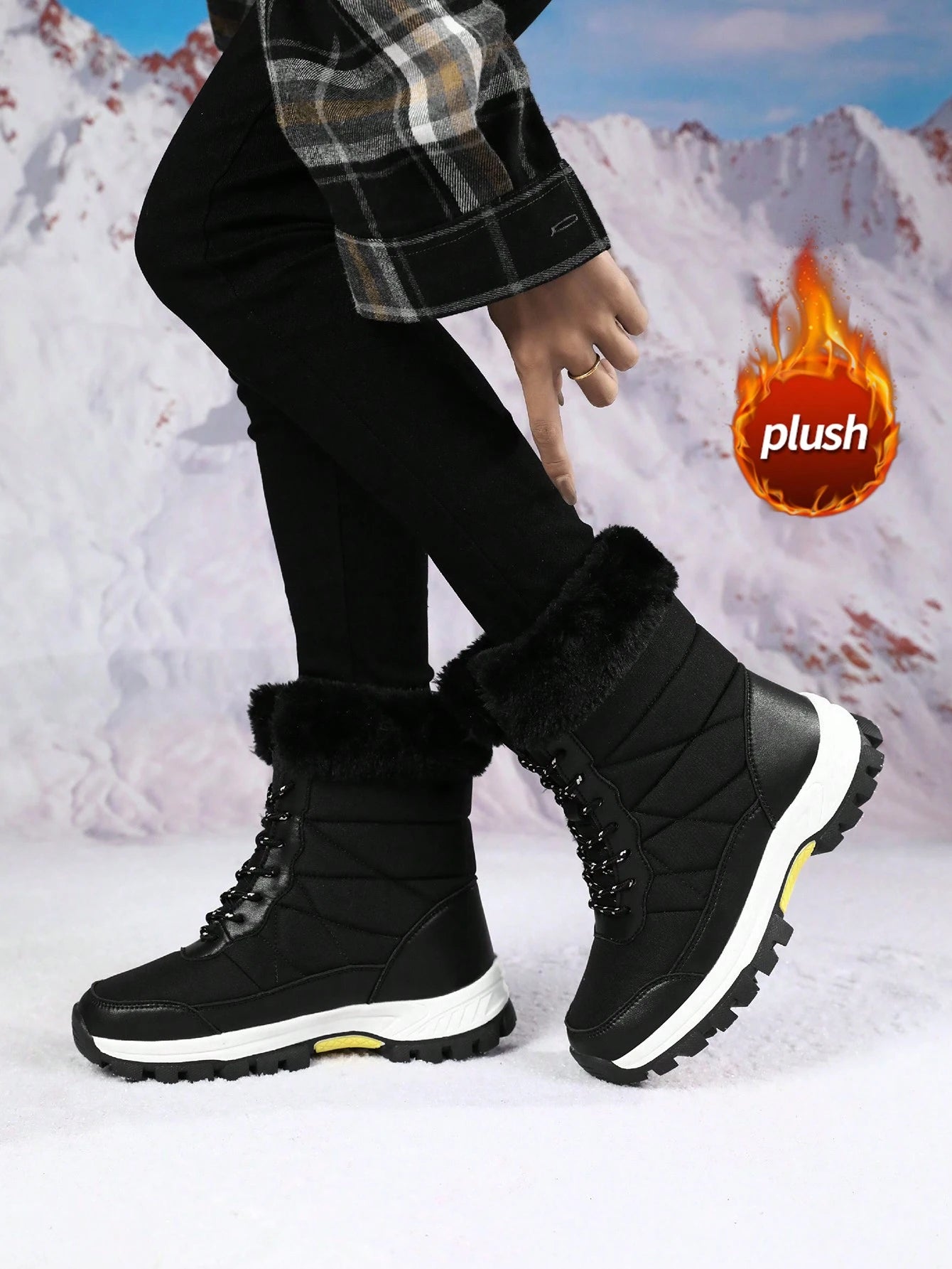 Women's Snow Boots, New Autumn/Winter High-Top Mid-Calf Lace-Up Comfortable Thick-Soled Non-Slip Durable Solid Casual Boots, Fashionable Outdoor Hiking Adventure, Thick Plush Lining, Waterproof Leather Upper, Comfortable And Warm