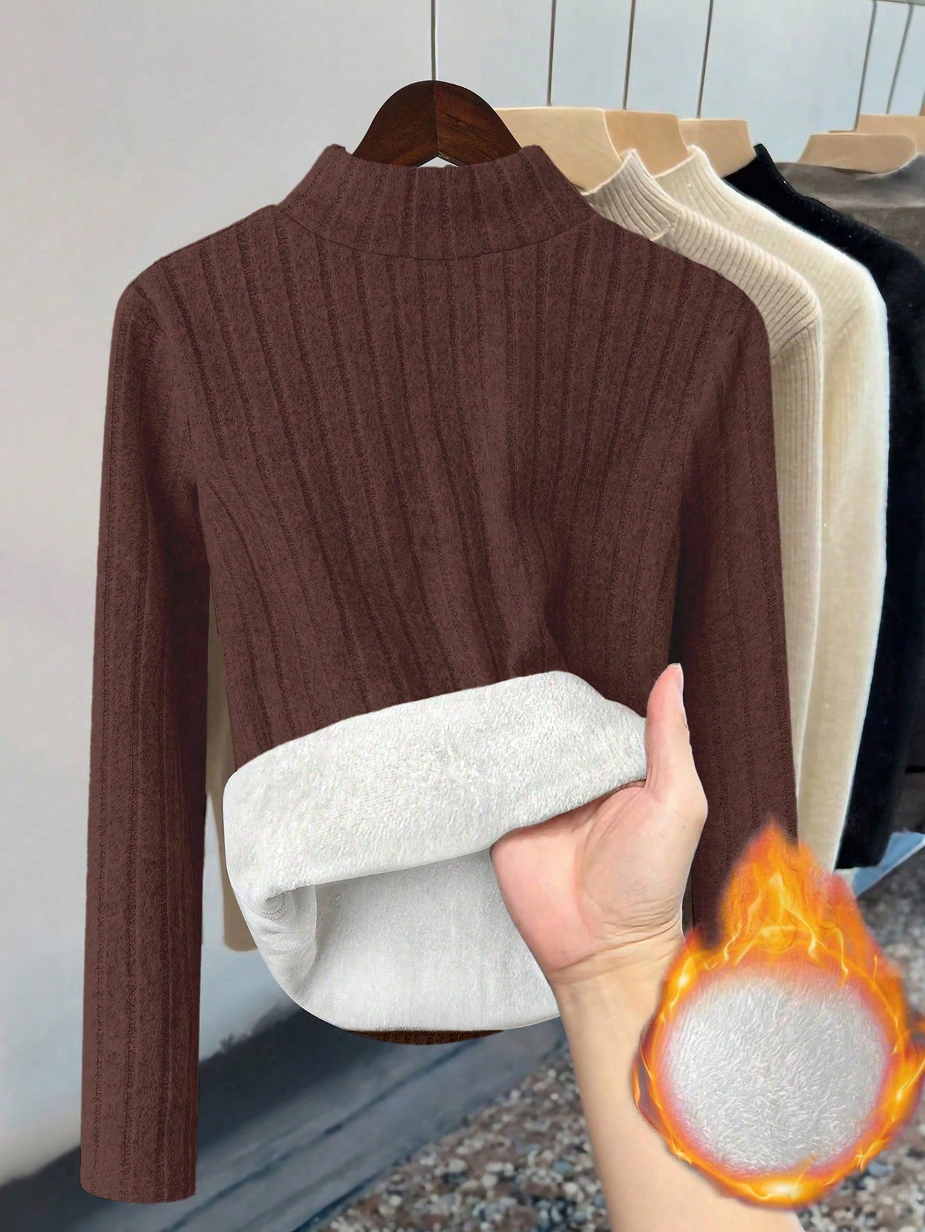 Thermal Lined Slim Fit Women's Casual Mock Neck Long Sleeve T-Shirt