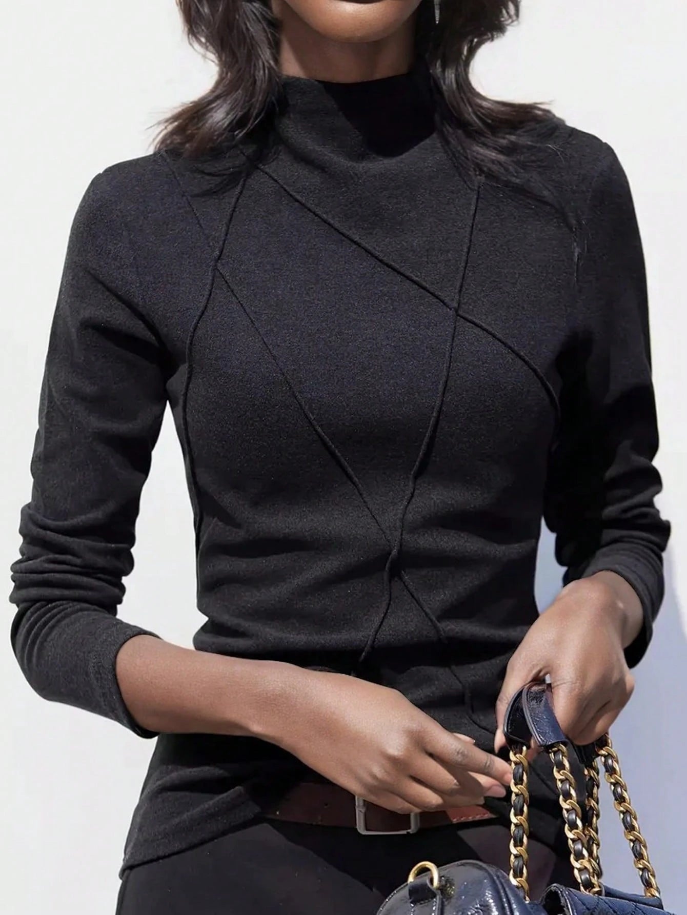 Women's Thicken Fleece Turtleneck Thermal Undershirt, Stylish Splice Rib Knit Design