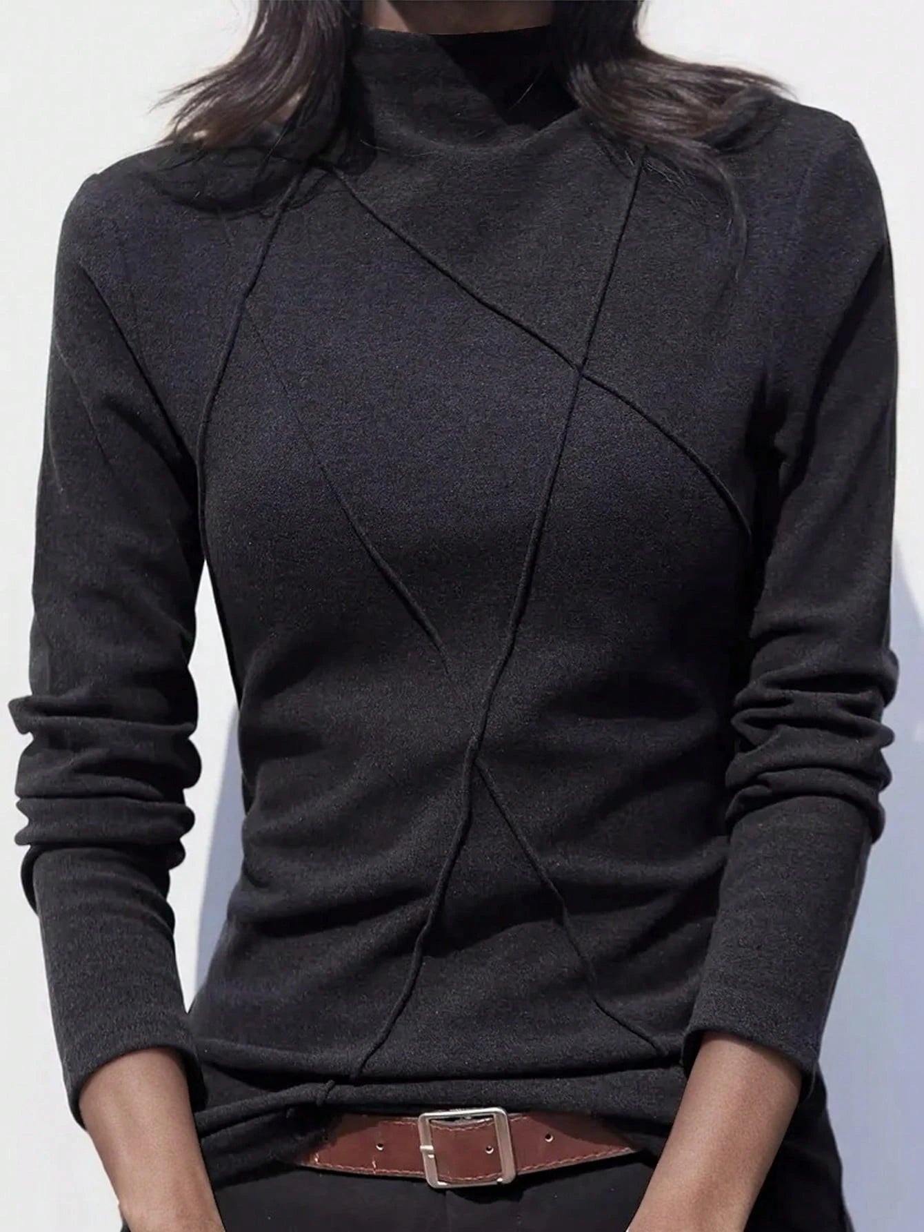 Women's Thicken Fleece Turtleneck Thermal Undershirt, Stylish Splice Rib Knit Design