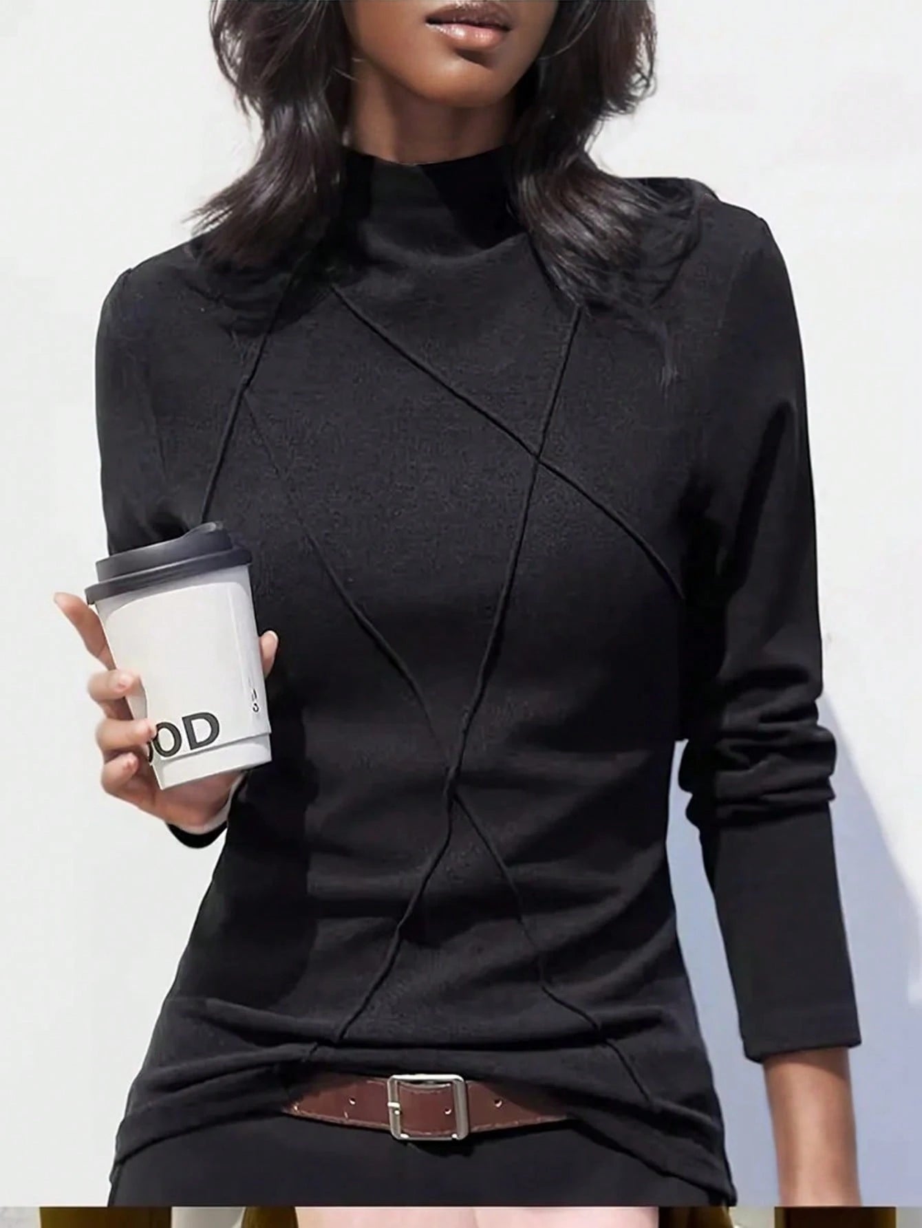 Women's Thicken Fleece Turtleneck Thermal Undershirt, Stylish Splice Rib Knit Design