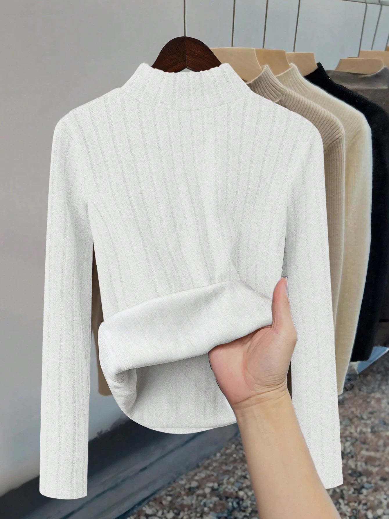 Thermal Lined Slim Fit Women's Casual Mock Neck Long Sleeve T-Shirt