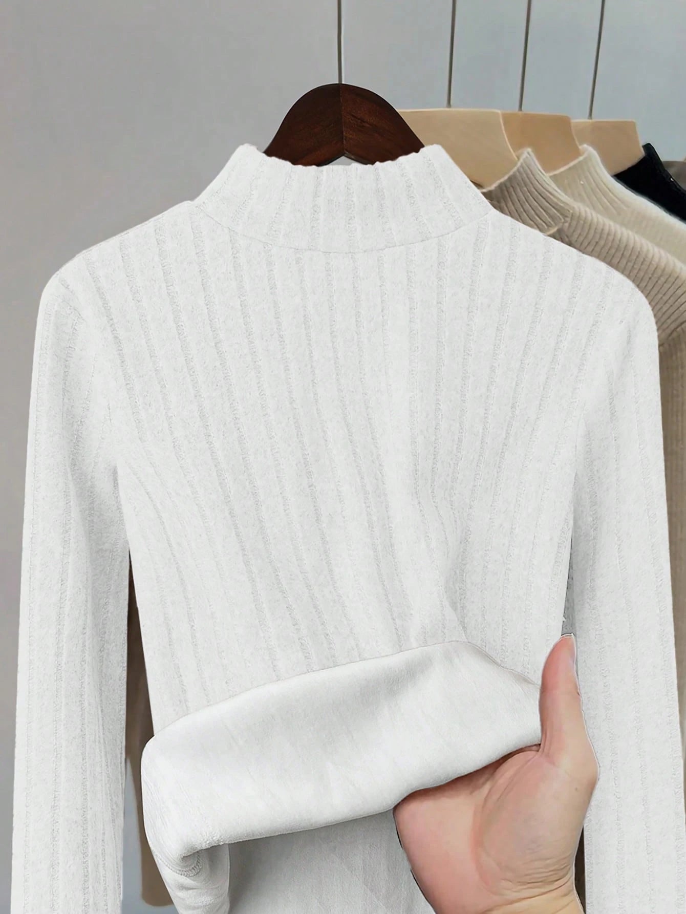 Thermal Lined Slim Fit Women's Casual Mock Neck Long Sleeve T-Shirt