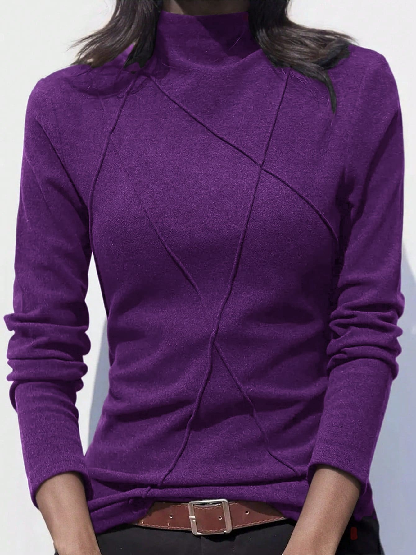 Women's Thicken Fleece Turtleneck Thermal Undershirt, Stylish Splice Rib Knit Design
