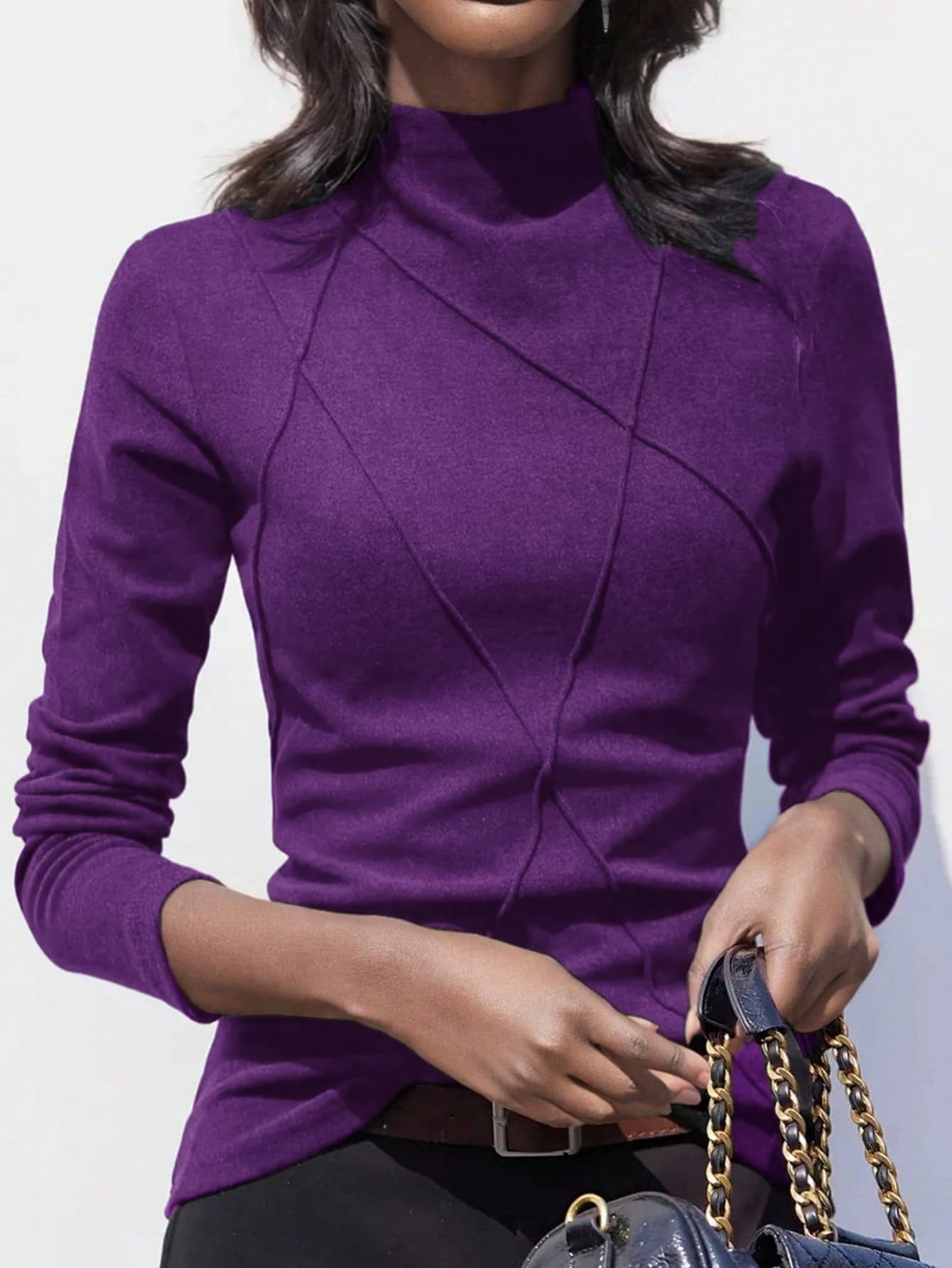 Women's Thicken Fleece Turtleneck Thermal Undershirt, Stylish Splice Rib Knit Design