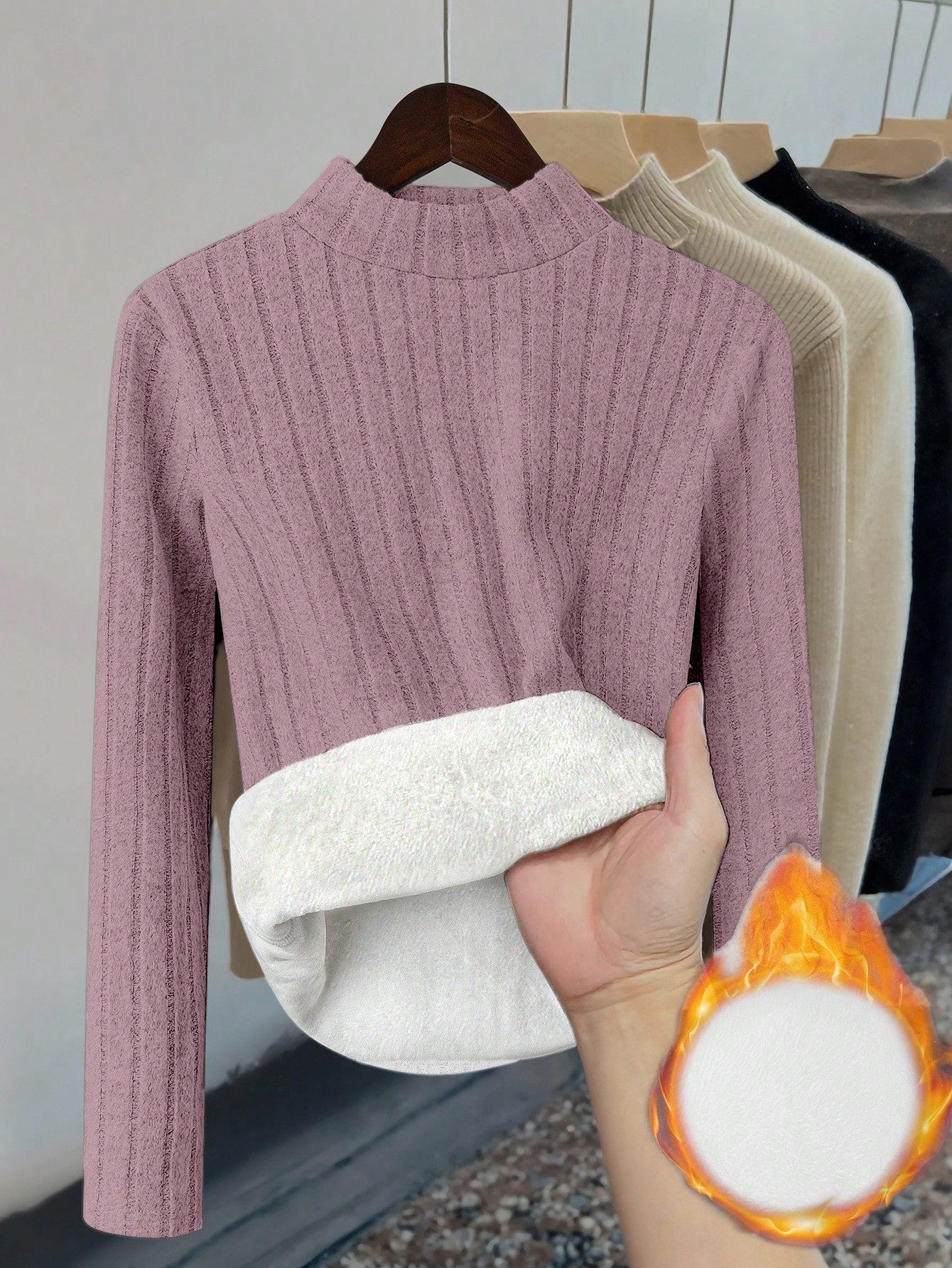 Thermal Lined Slim Fit Women's Casual Mock Neck Long Sleeve T-Shirt