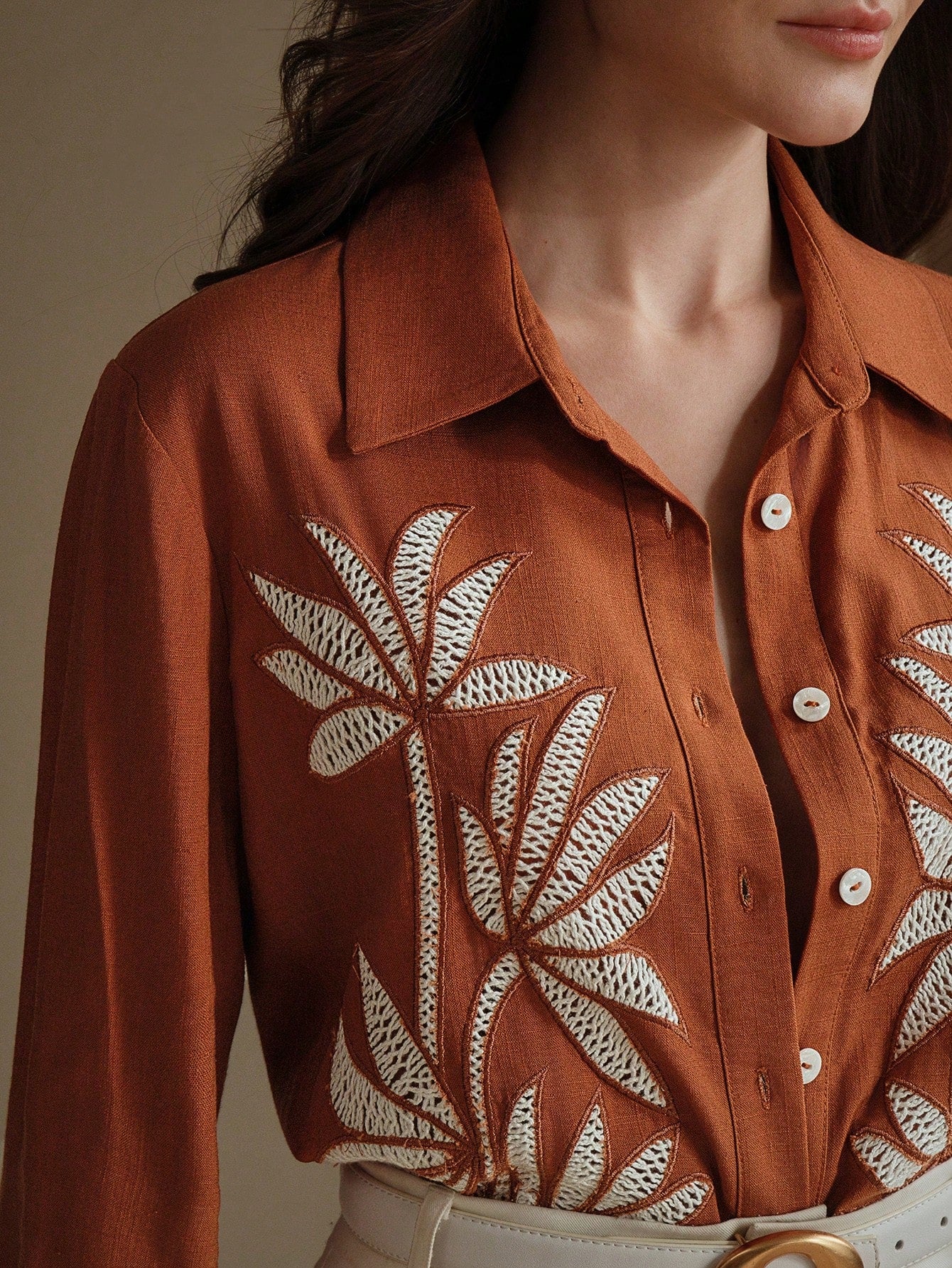 Women's Bohemian Style Embroidered Button-Front Long Sleeve Shirt