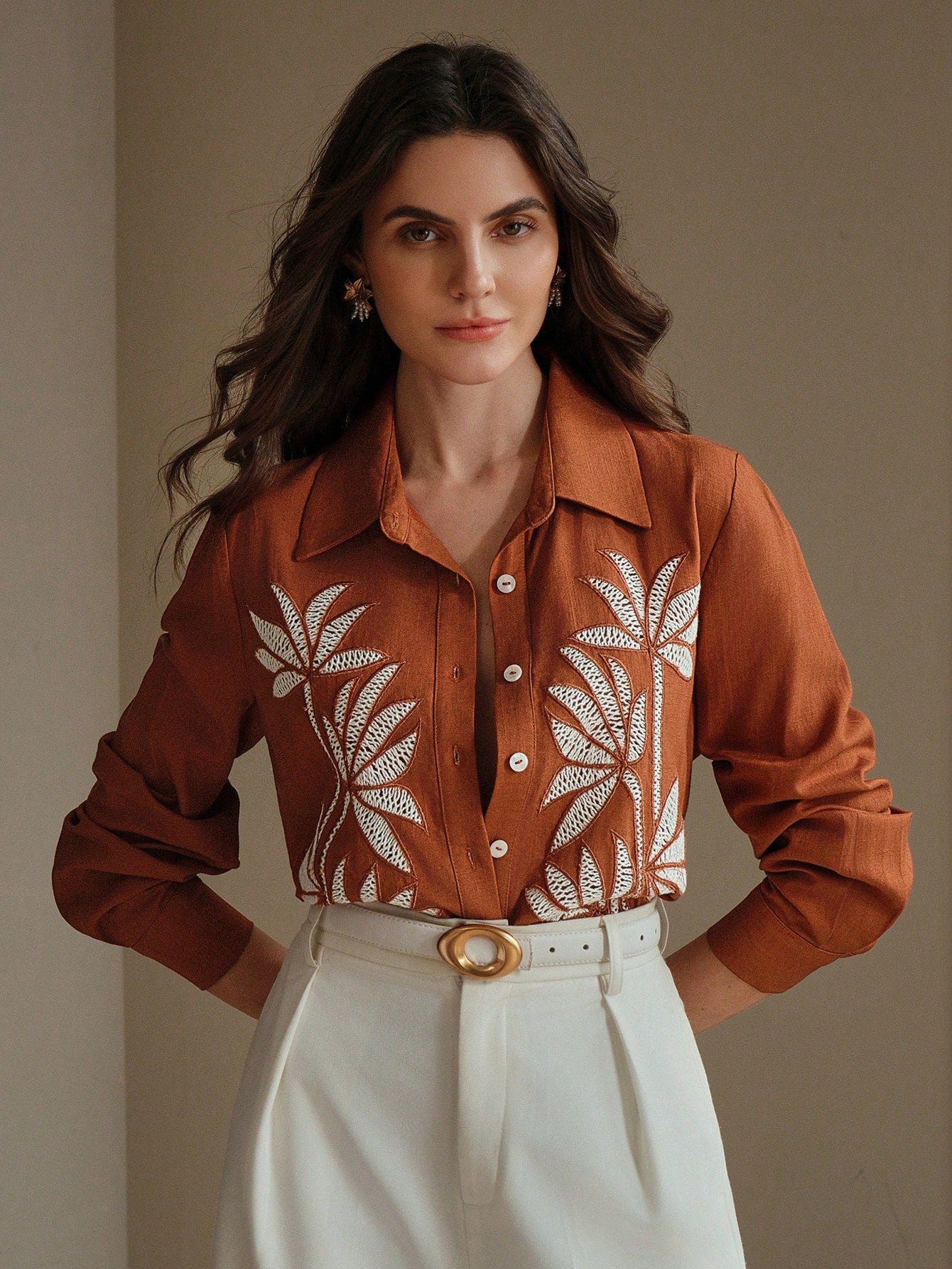 Women's Bohemian Style Embroidered Button-Front Long Sleeve Shirt
