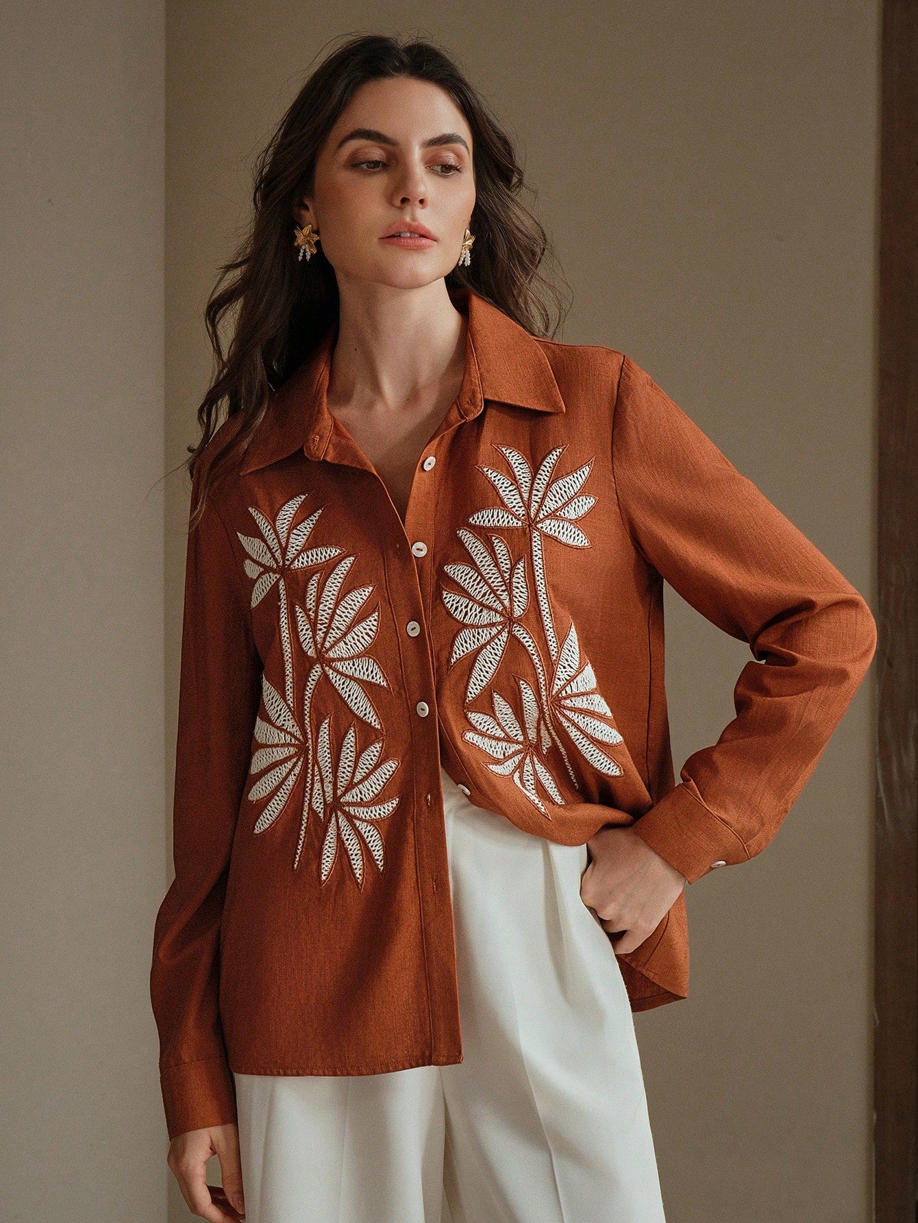 Women's Bohemian Style Embroidered Button-Front Long Sleeve Shirt