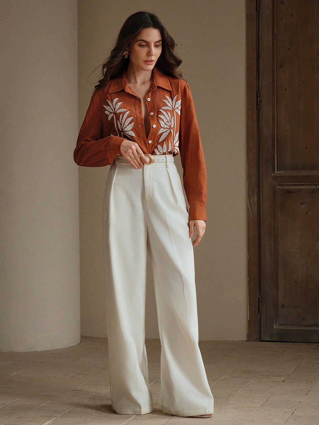 Women's Bohemian Style Embroidered Button-Front Long Sleeve Shirt
