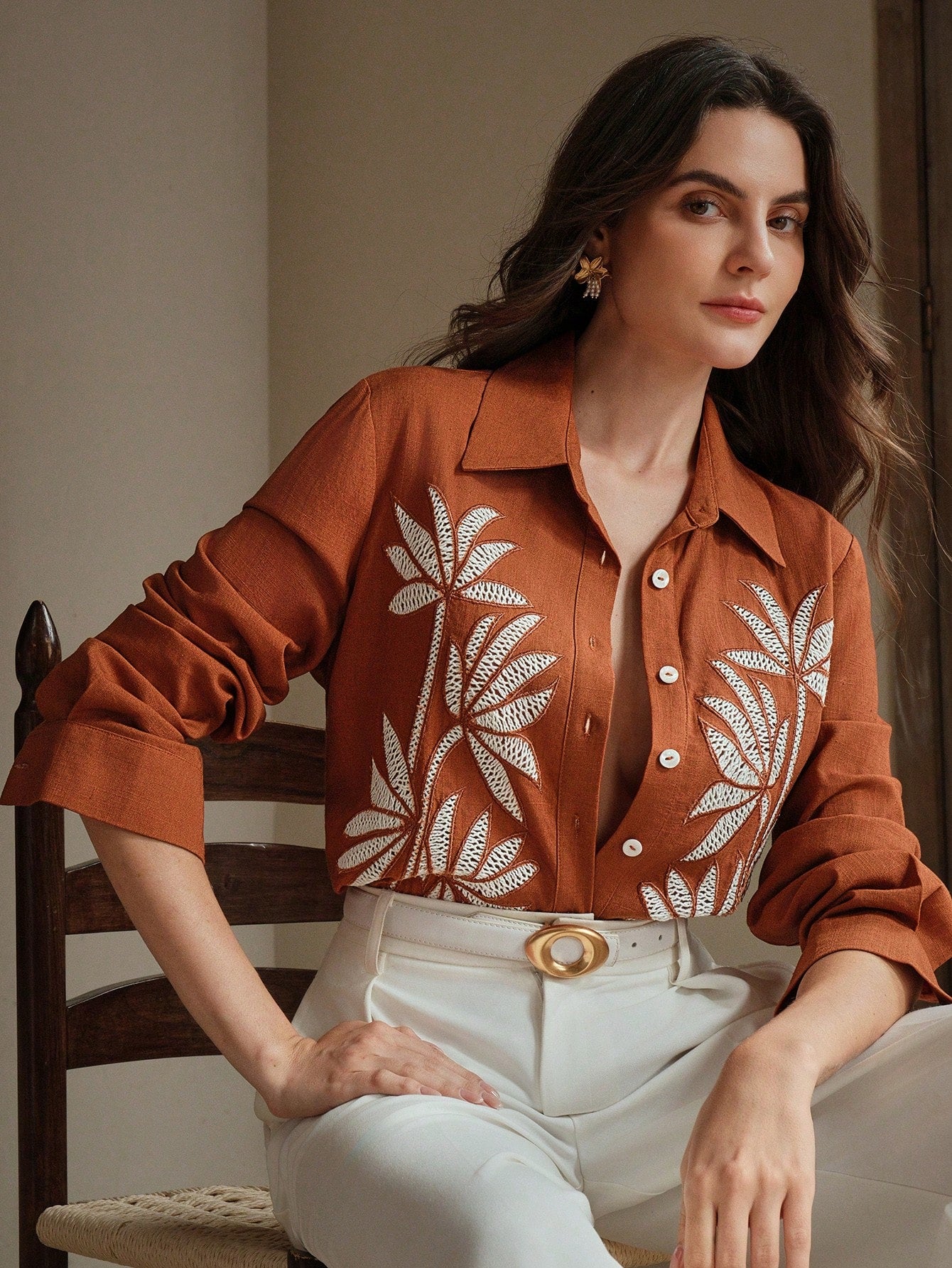 Women's Bohemian Style Embroidered Button-Front Long Sleeve Shirt
