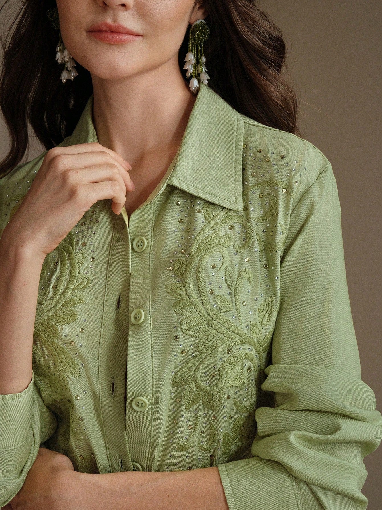 Women's Linen Embroidered Rhinestone Long Sleeve Blouse, Black & Gold