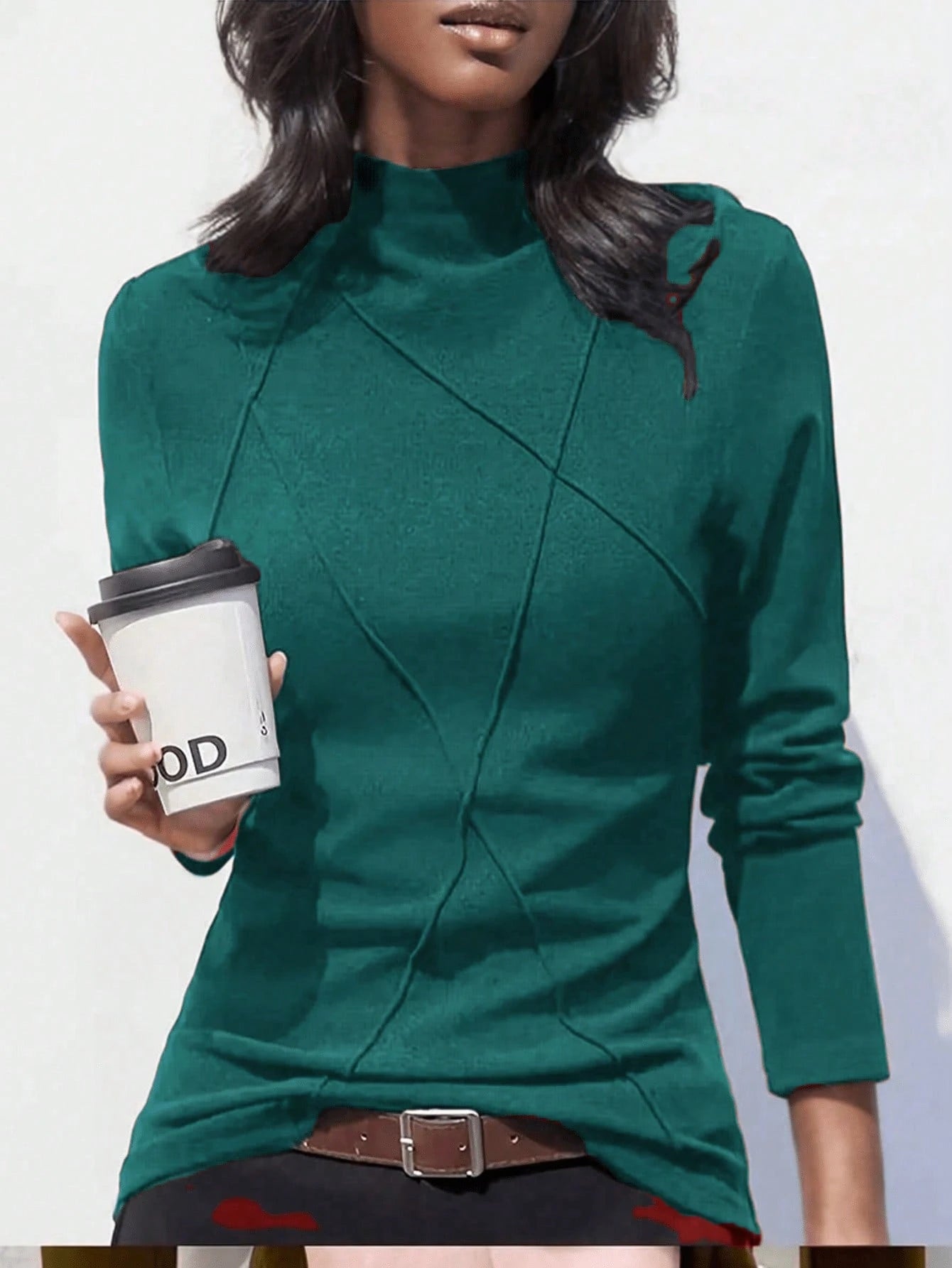 Women's Thicken Fleece Turtleneck Thermal Undershirt, Stylish Splice Rib Knit Design