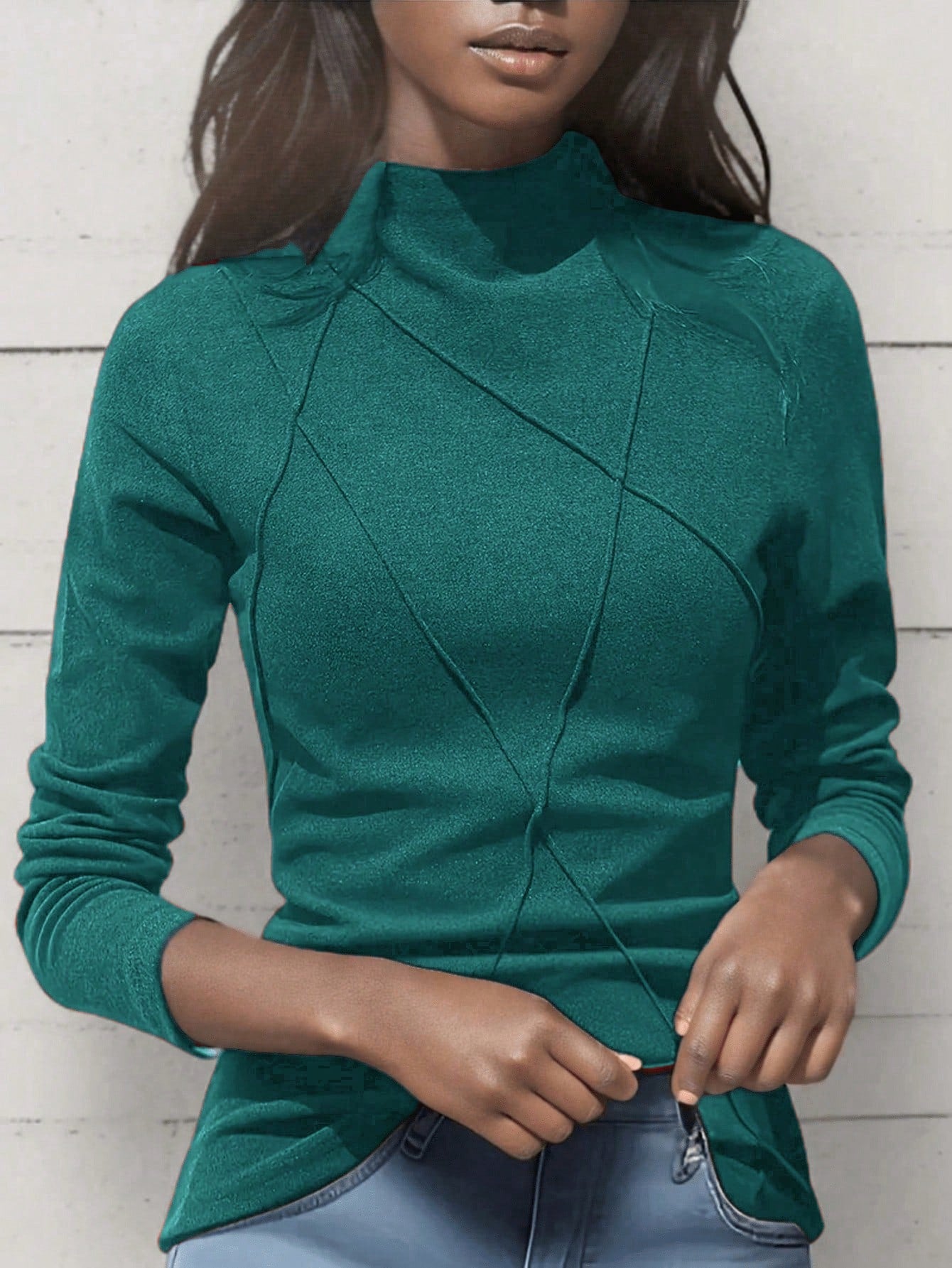 Women's Thicken Fleece Turtleneck Thermal Undershirt, Stylish Splice Rib Knit Design