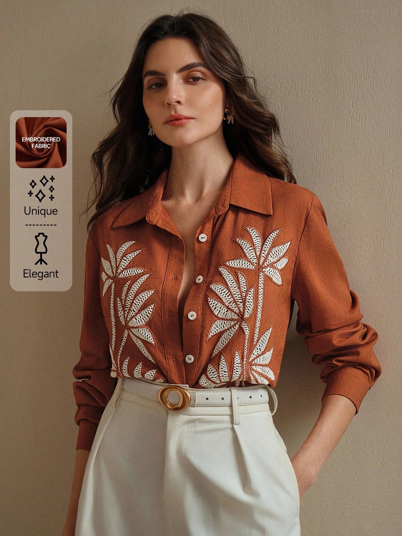 Women's Bohemian Style Embroidered Button-Front Long Sleeve Shirt