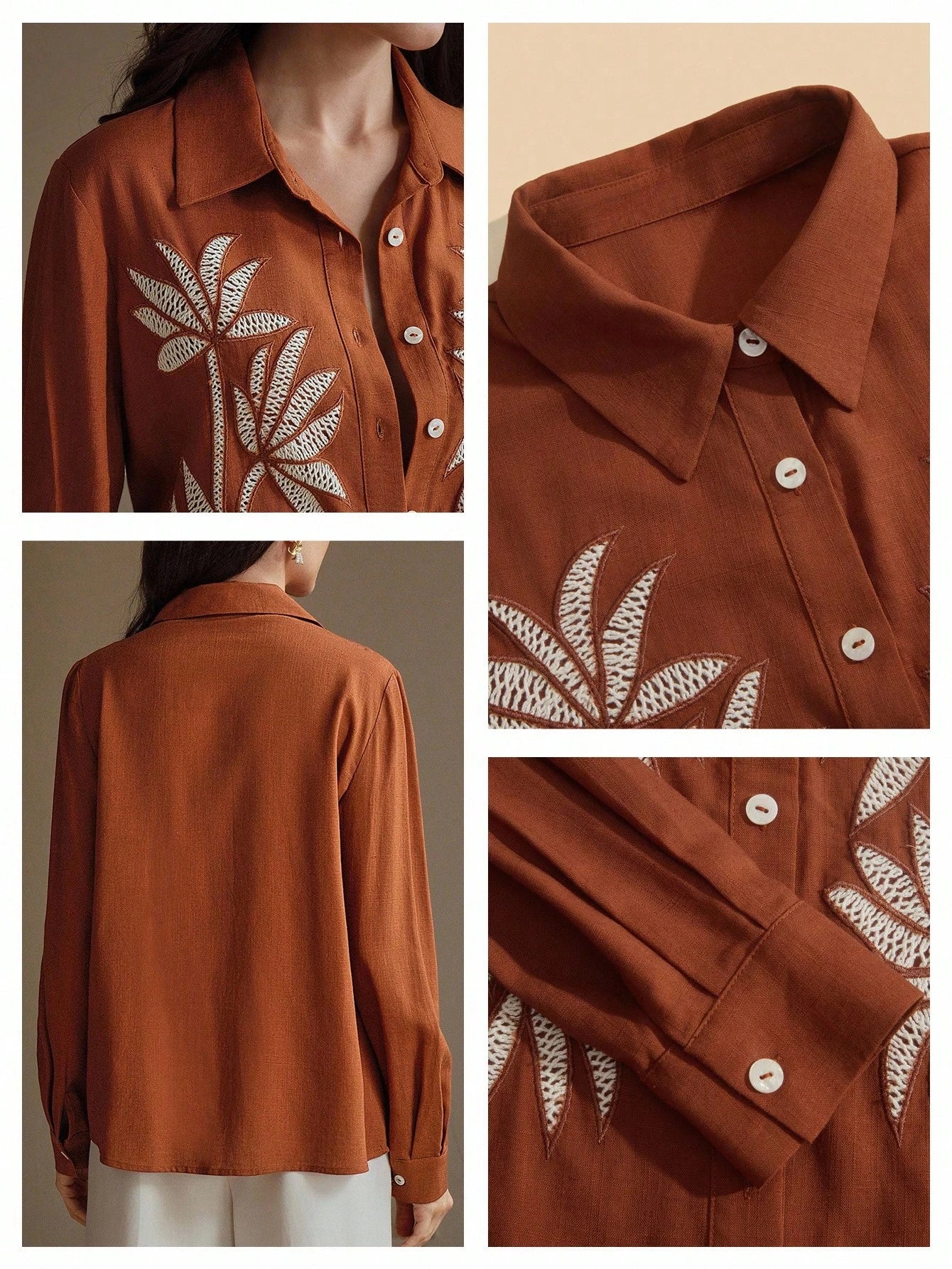 Women's Bohemian Style Embroidered Button-Front Long Sleeve Shirt