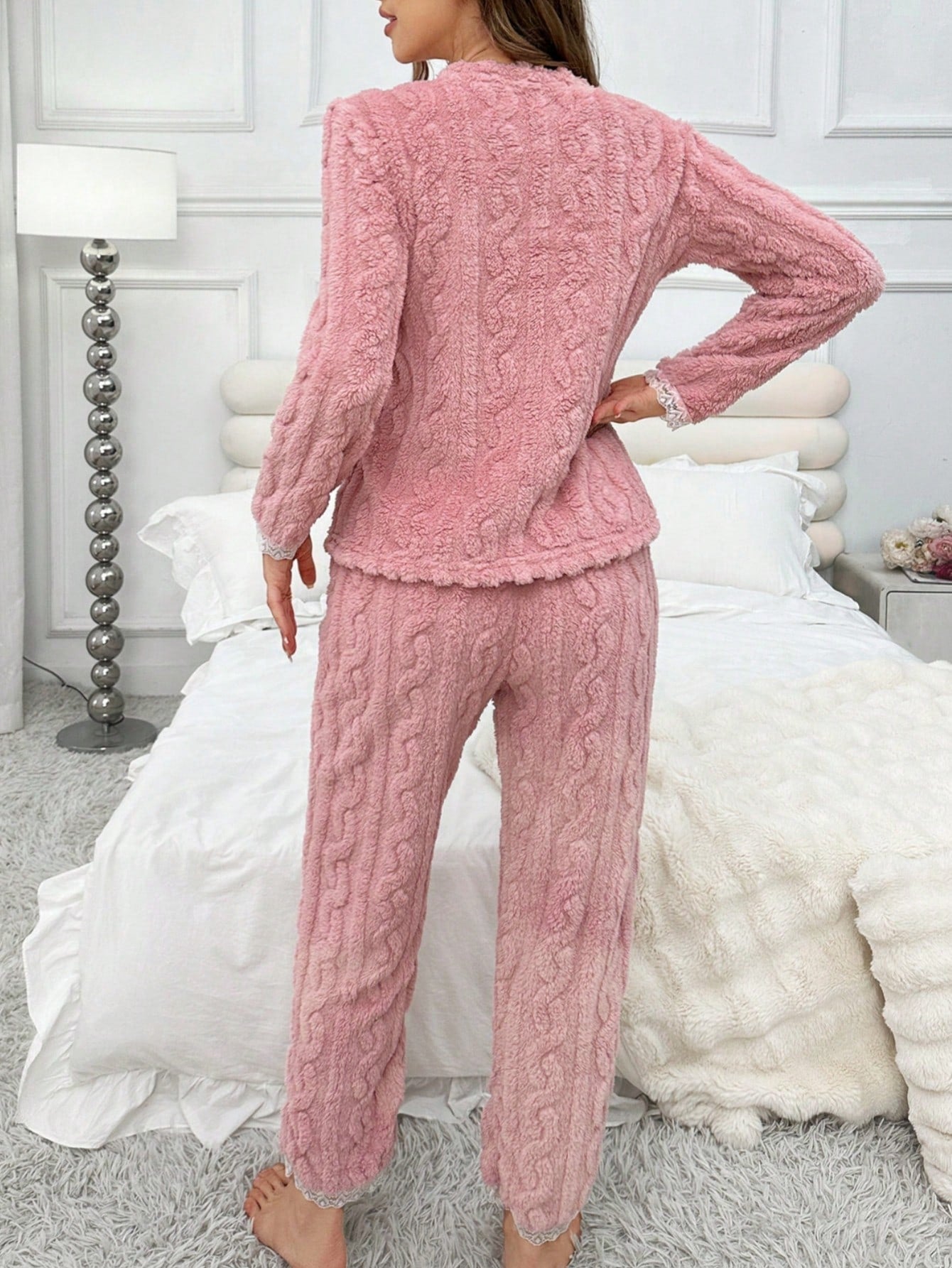 Women's Coral Fleece Solid Color Lace Trim Thick Casual Pajama Set