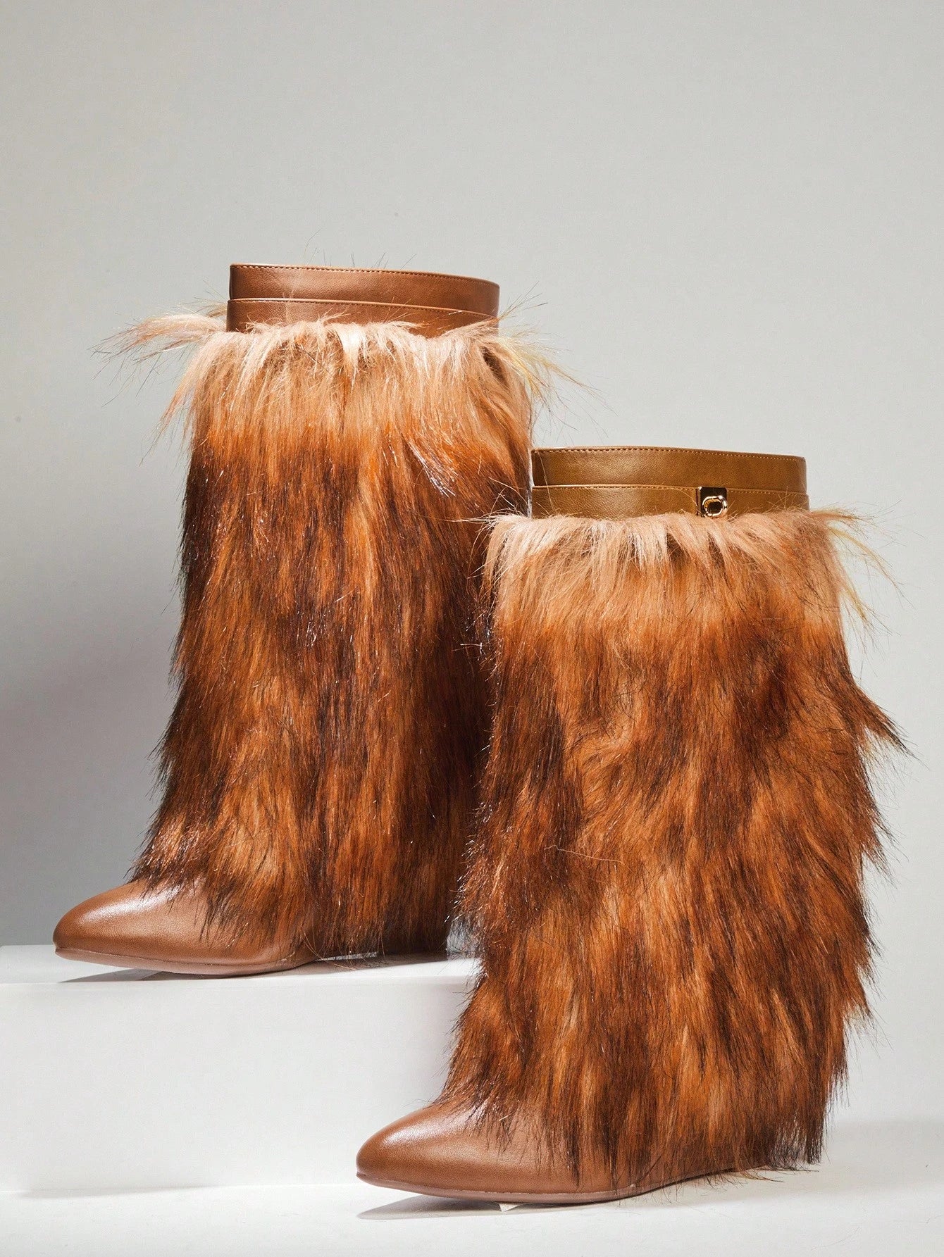 Women's Faux Fur Pointed Toe Wedge Heel Mid-Calf Boots
