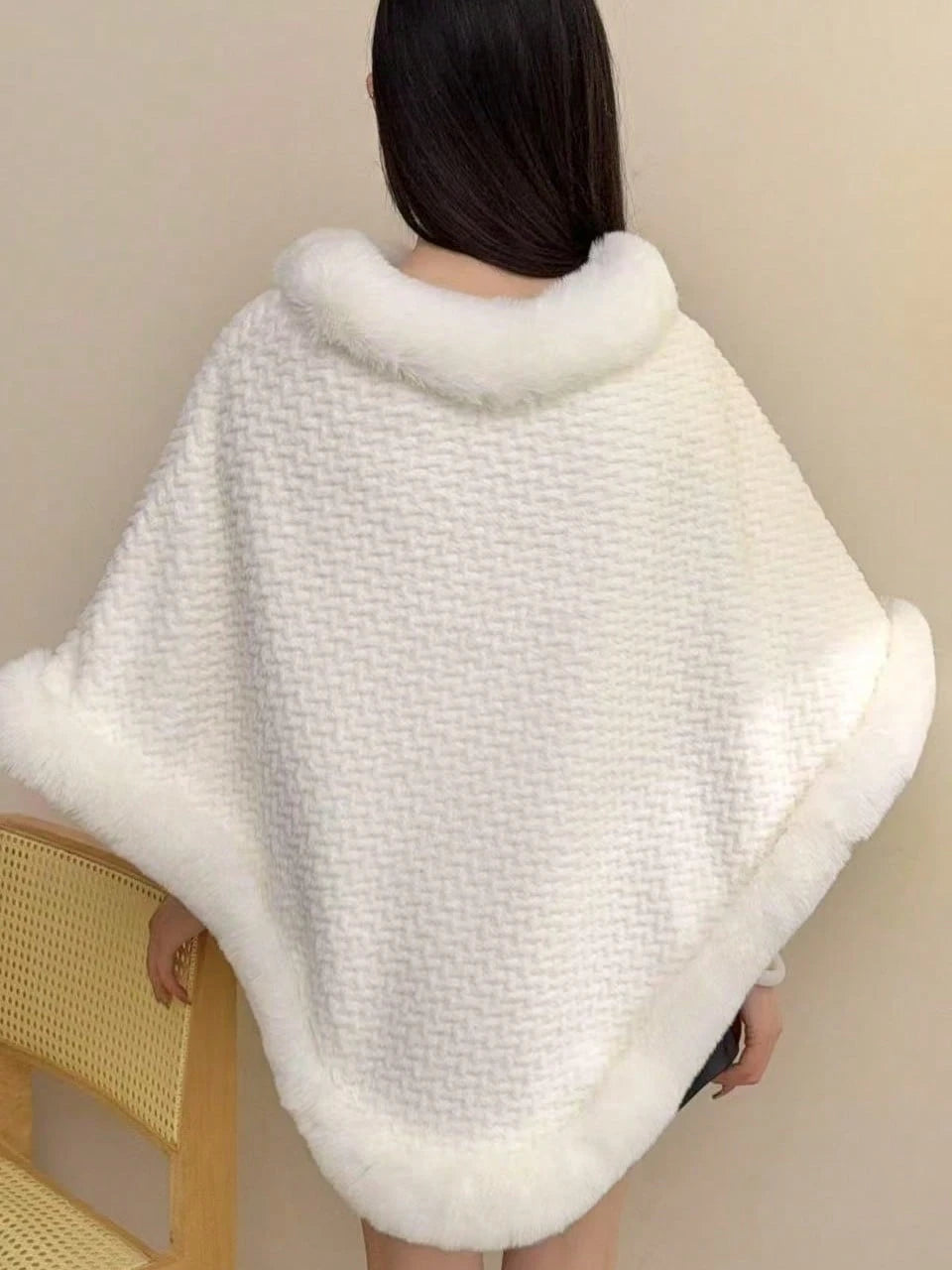 1pc Knitted Textured Women Hooded Poncho Shawl, Soft Faux Rabbit Fur Collar, Loose Fit Autumn/Winter Outerwear Cape For Dress