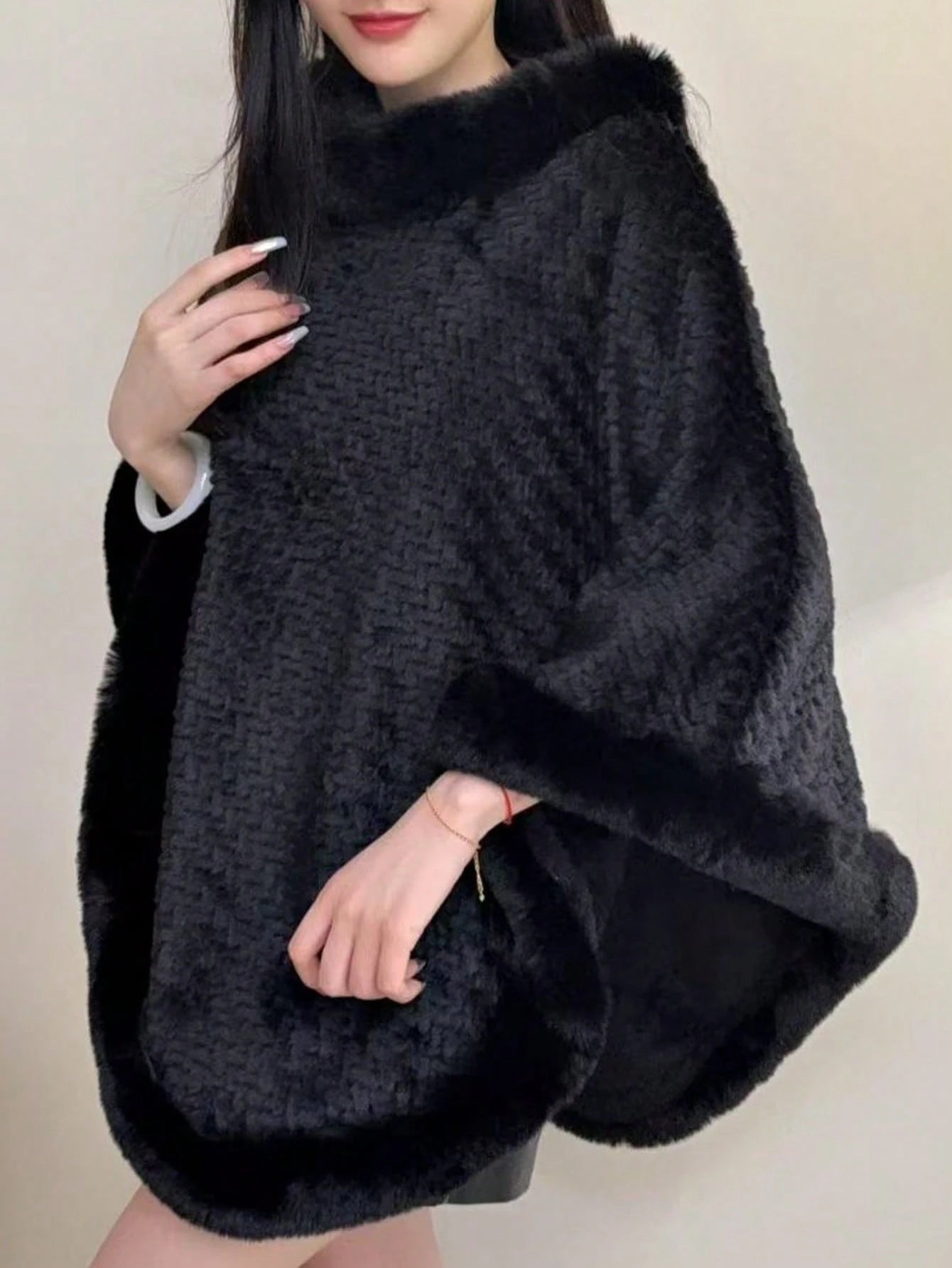 1pc Knitted Textured Women Hooded Poncho Shawl, Soft Faux Rabbit Fur Collar, Loose Fit Autumn/Winter Outerwear Cape For Dress