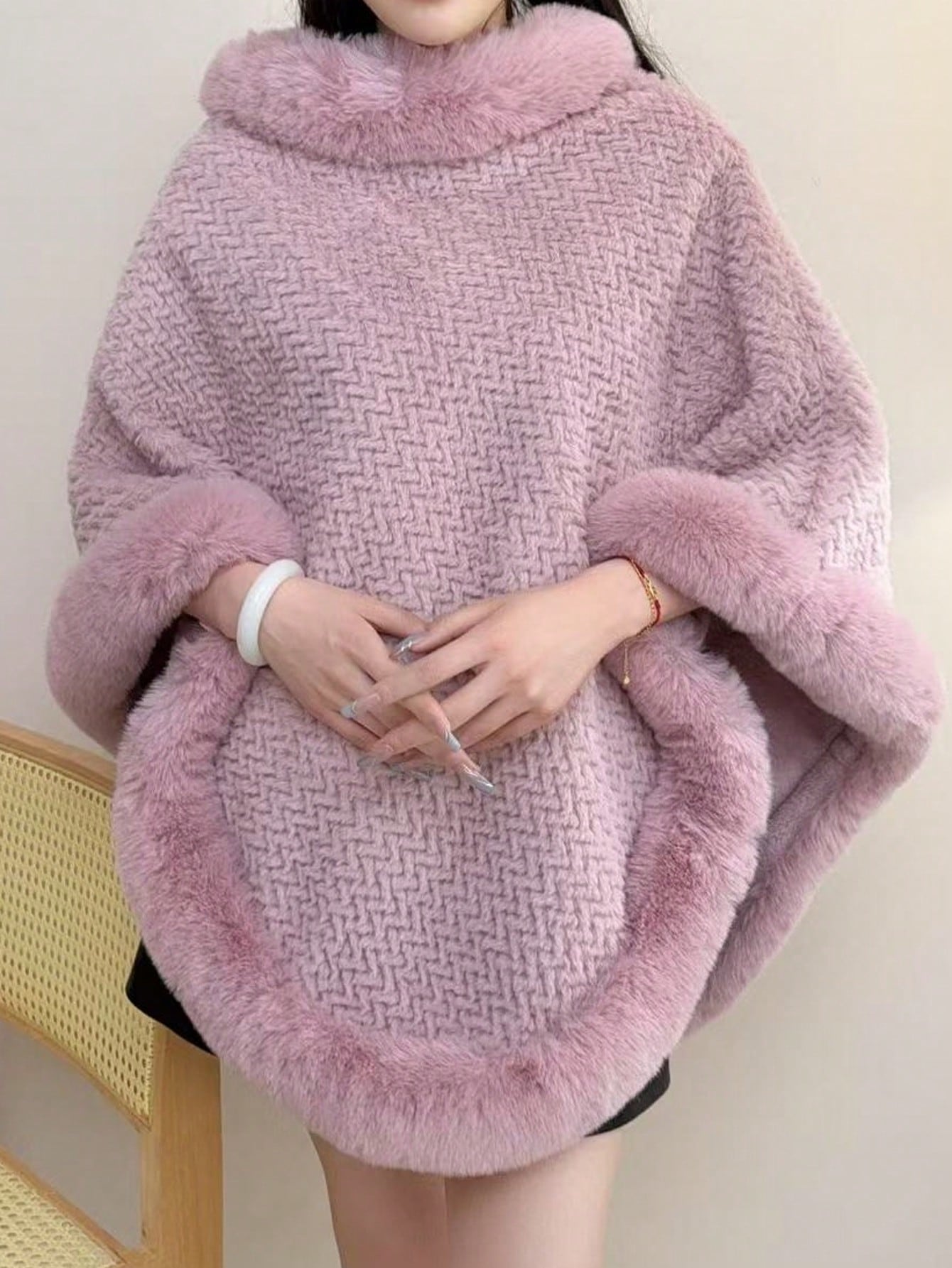 1pc Knitted Textured Women Hooded Poncho Shawl, Soft Faux Rabbit Fur Collar, Loose Fit Autumn/Winter Outerwear Cape For Dress