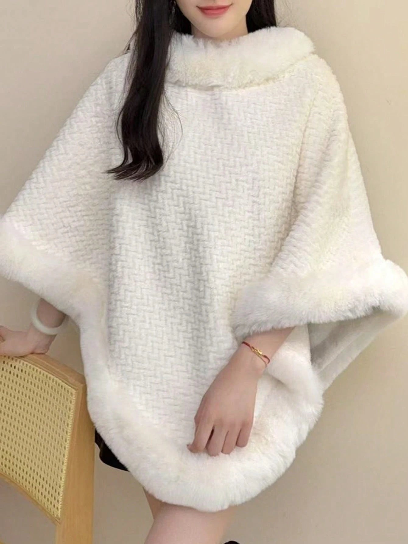 1pc Knitted Textured Women Hooded Poncho Shawl, Soft Faux Rabbit Fur Collar, Loose Fit Autumn/Winter Outerwear Cape For Dress