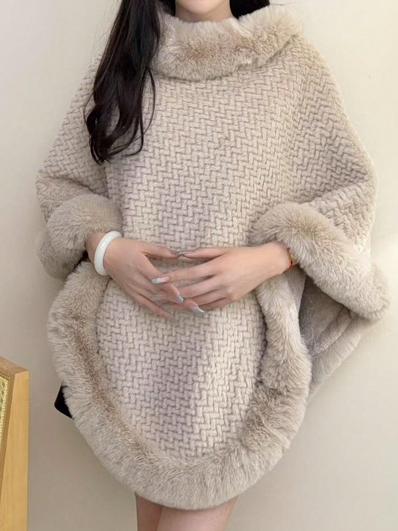 1pc Knitted Textured Women Hooded Poncho Shawl, Soft Faux Rabbit Fur Collar, Loose Fit Autumn/Winter Outerwear Cape For Dress