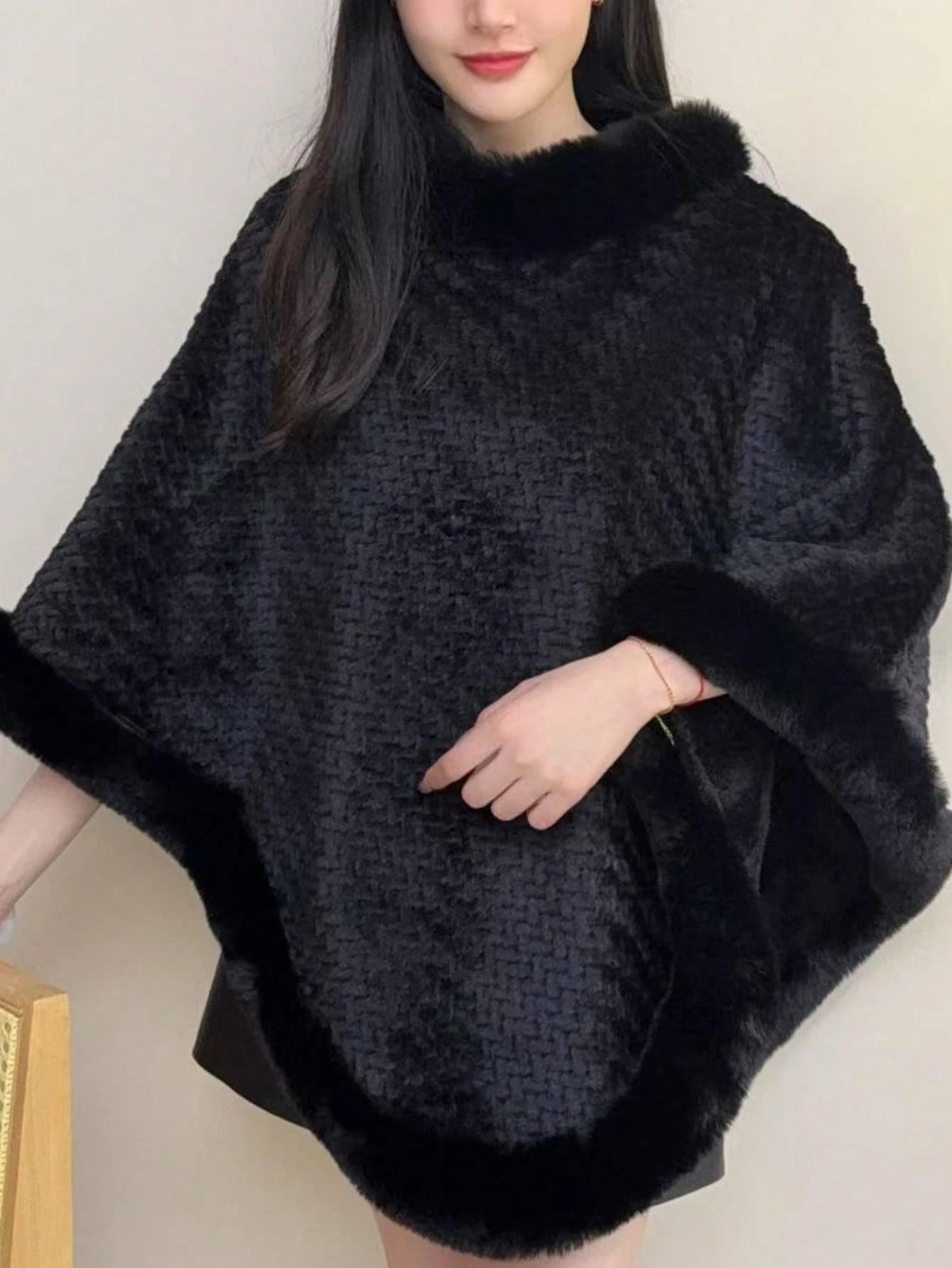 1pc Knitted Textured Women Hooded Poncho Shawl, Soft Faux Rabbit Fur Collar, Loose Fit Autumn/Winter Outerwear Cape For Dress