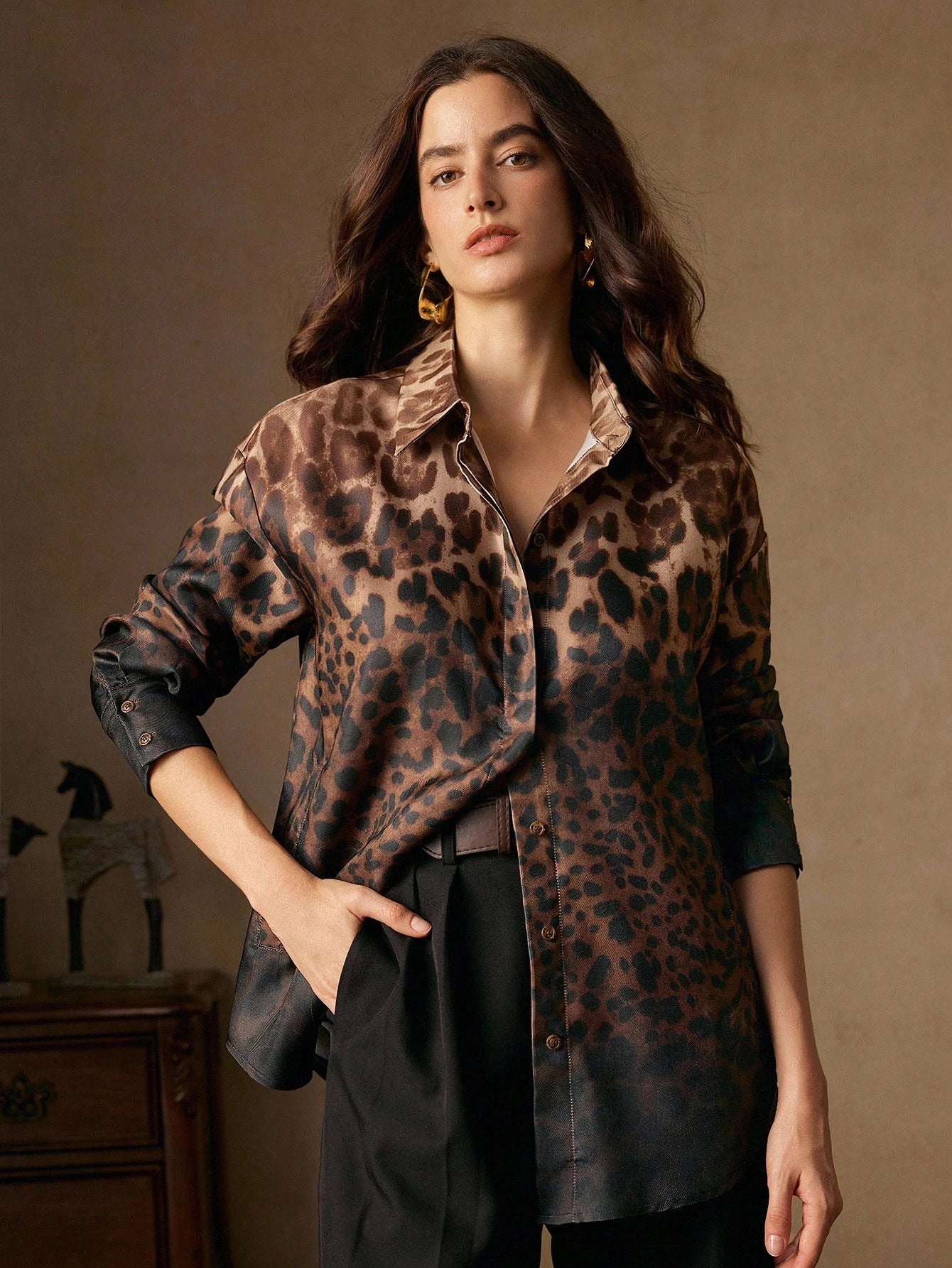 Vintage Elegant Ombre Leopard Print Stand Collar Long Sleeve Women Shirt, Suitable For Fall/Winter, Christmas, New Year, Elegant, Luxury, Chic, Casual