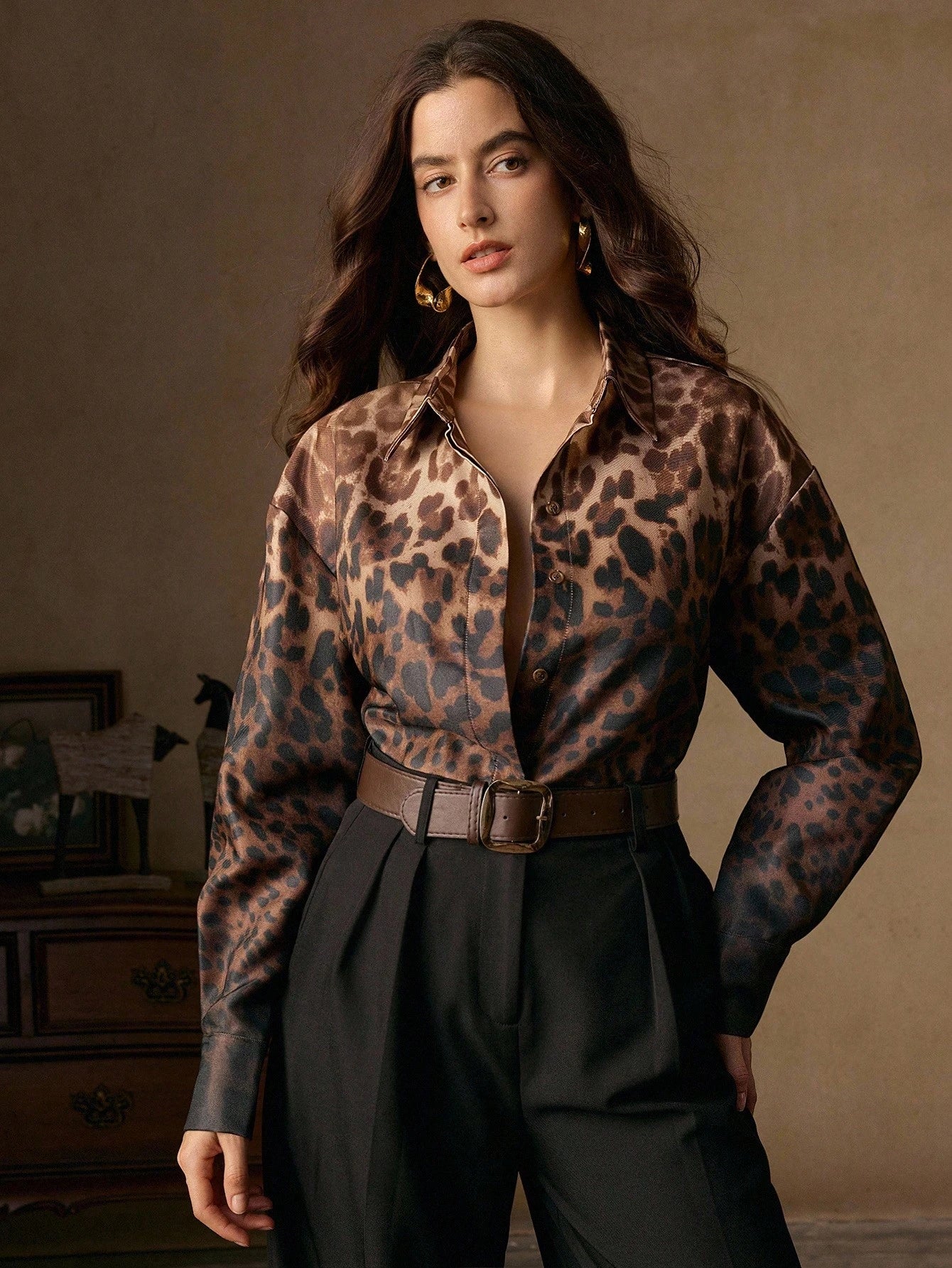 Vintage Elegant Ombre Leopard Print Stand Collar Long Sleeve Women Shirt, Suitable For Fall/Winter, Christmas, New Year, Elegant, Luxury, Chic, Casual