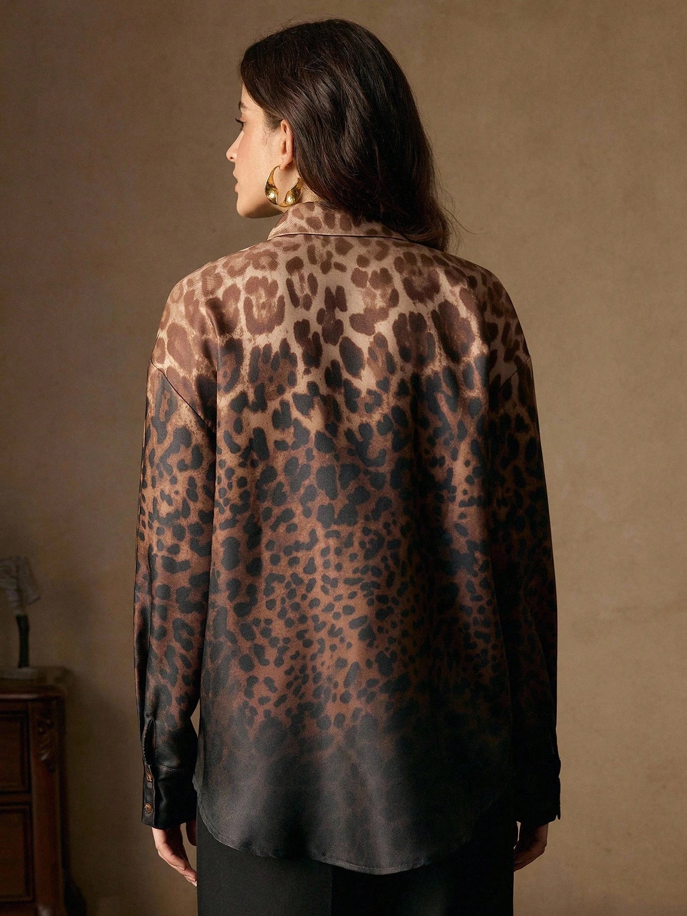 Vintage Elegant Ombre Leopard Print Stand Collar Long Sleeve Women Shirt, Suitable For Fall/Winter, Christmas, New Year, Elegant, Luxury, Chic, Casual