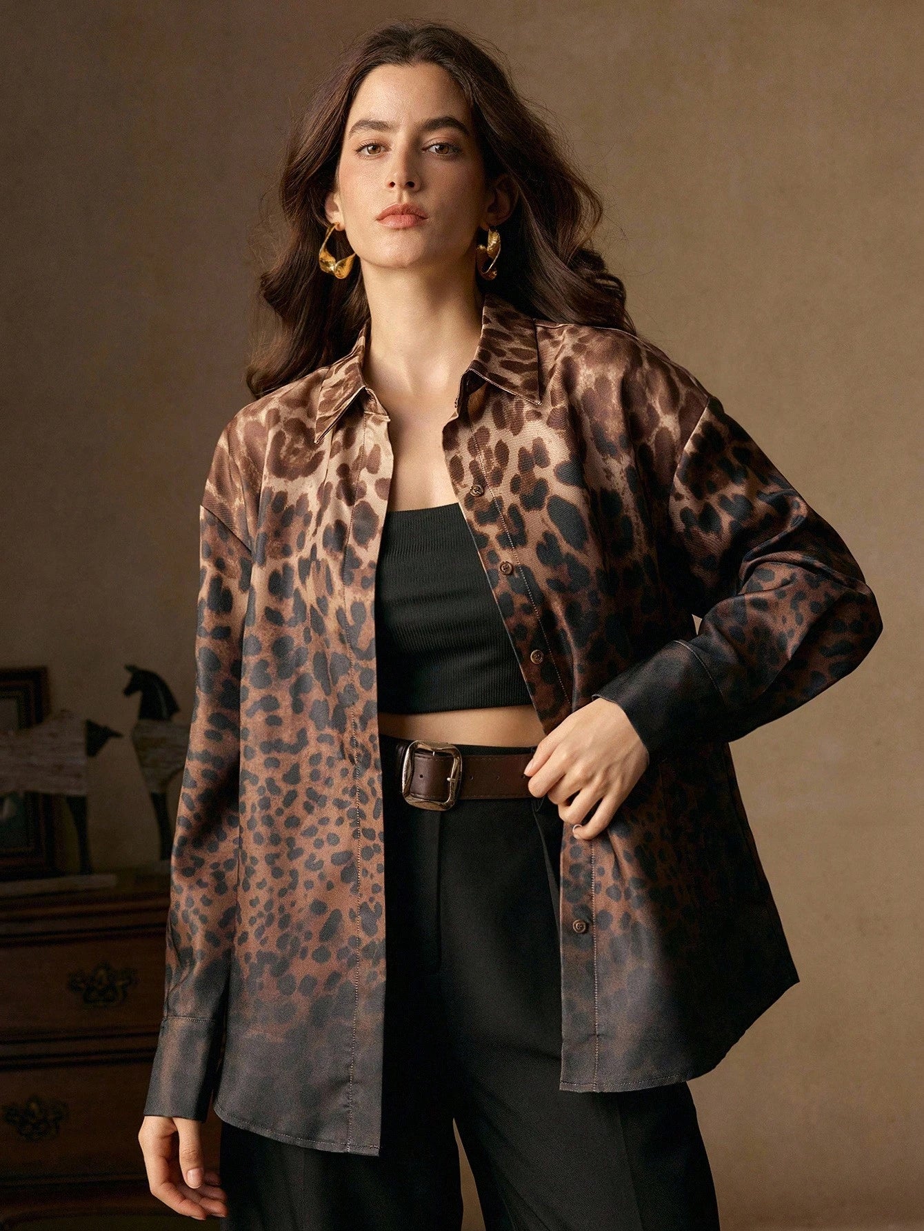 Vintage Elegant Ombre Leopard Print Stand Collar Long Sleeve Women Shirt, Suitable For Fall/Winter, Christmas, New Year, Elegant, Luxury, Chic, Casual