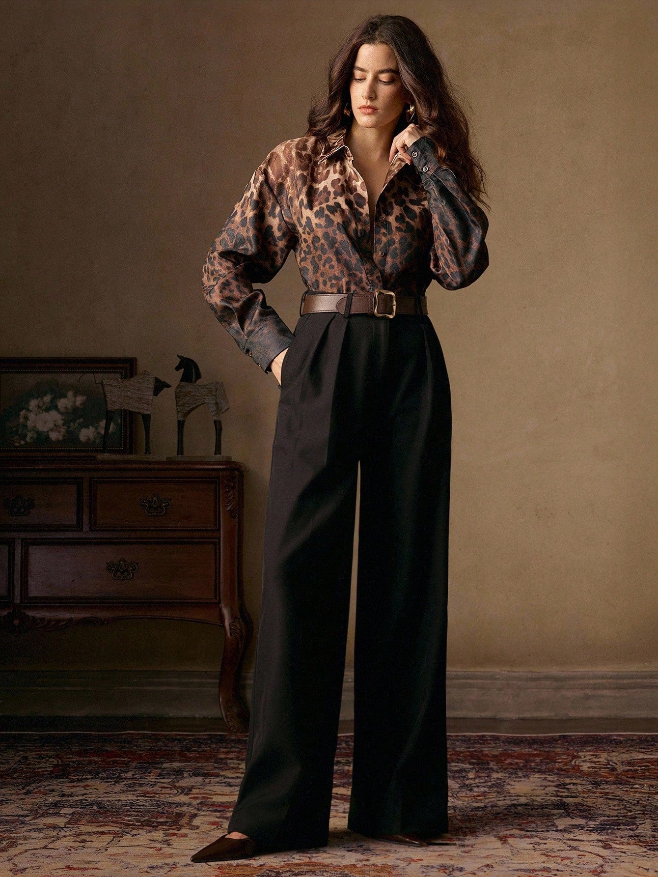Vintage Elegant Ombre Leopard Print Stand Collar Long Sleeve Women Shirt, Suitable For Fall/Winter, Christmas, New Year, Elegant, Luxury, Chic, Casual