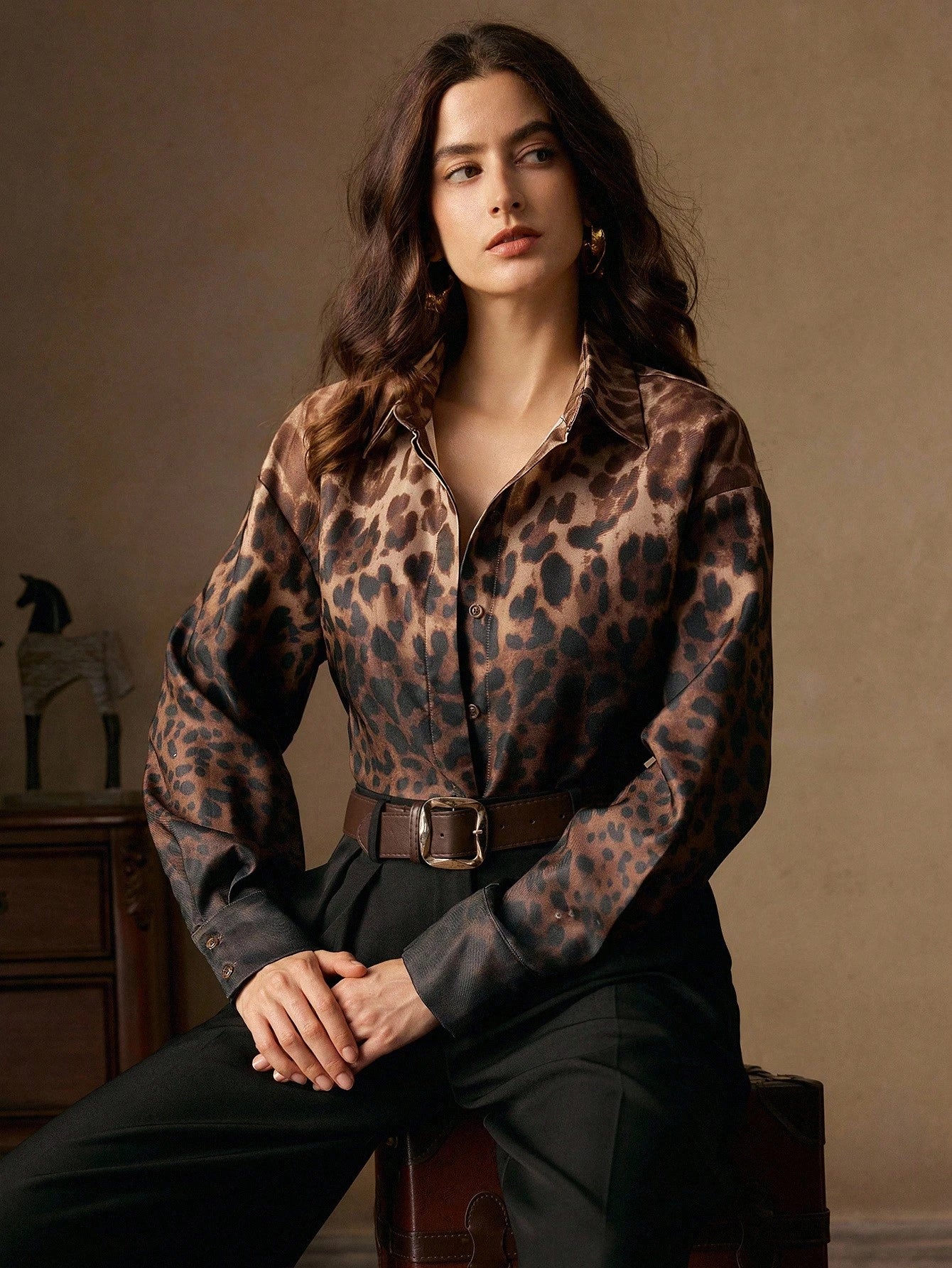 Vintage Elegant Ombre Leopard Print Stand Collar Long Sleeve Women Shirt, Suitable For Fall/Winter, Christmas, New Year, Elegant, Luxury, Chic, Casual