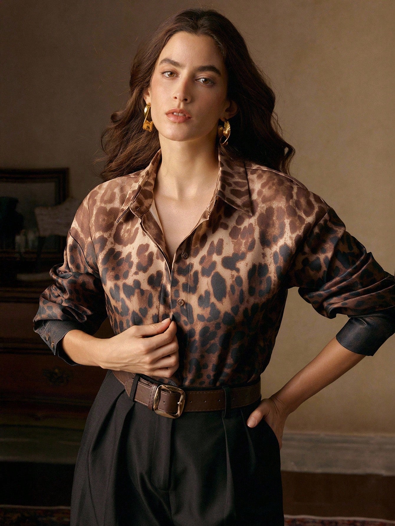 Vintage Elegant Ombre Leopard Print Stand Collar Long Sleeve Women Shirt, Suitable For Fall/Winter, Christmas, New Year, Elegant, Luxury, Chic, Casual
