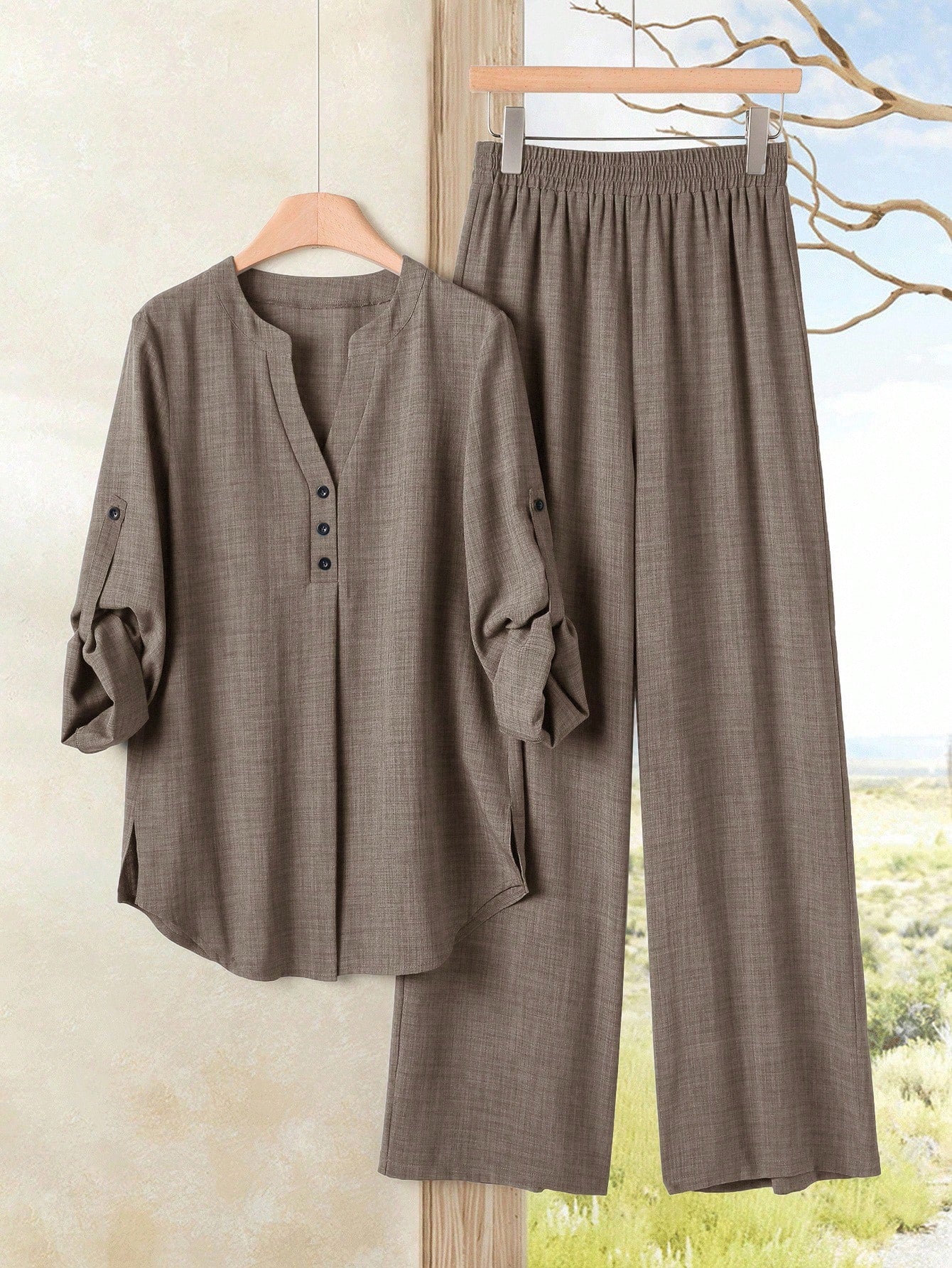 Women's Casual Solid Color Notched Neck Ruffle Sleeve Top And Elastic Waist Wide Leg Pants Set