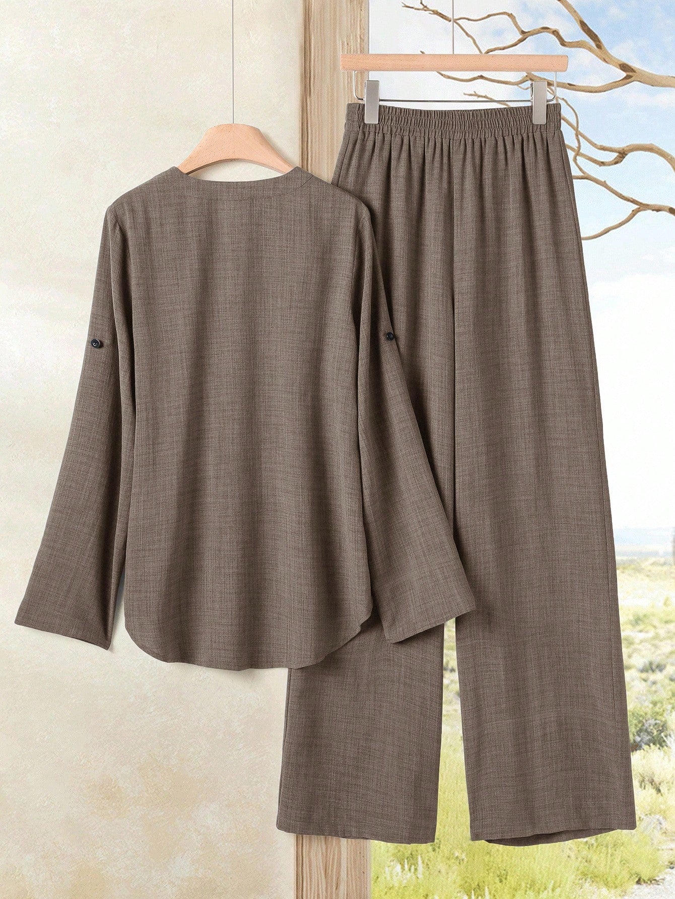 Women's Casual Solid Color Notched Neck Ruffle Sleeve Top And Elastic Waist Wide Leg Pants Set