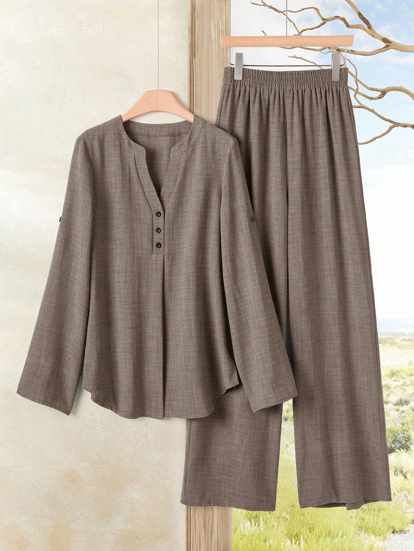 Women's Casual Solid Color Notched Neck Ruffle Sleeve Top And Elastic Waist Wide Leg Pants Set