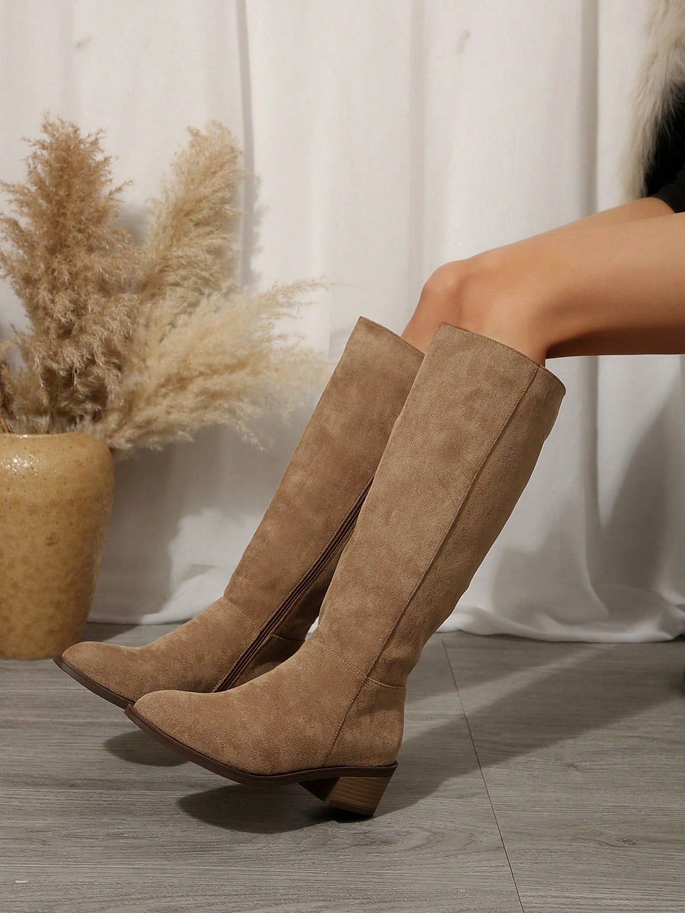 Women's Suede Knee-High Boots With Side Zipper And Chunky Heel