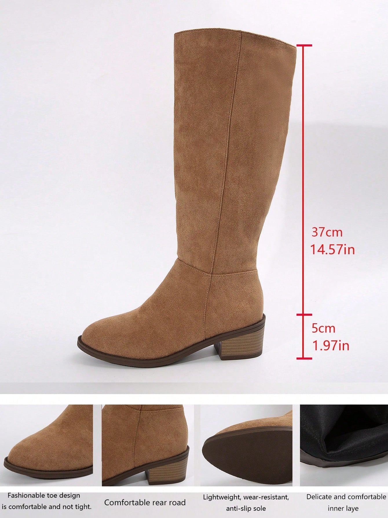 Women's Suede Knee-High Boots With Side Zipper And Chunky Heel