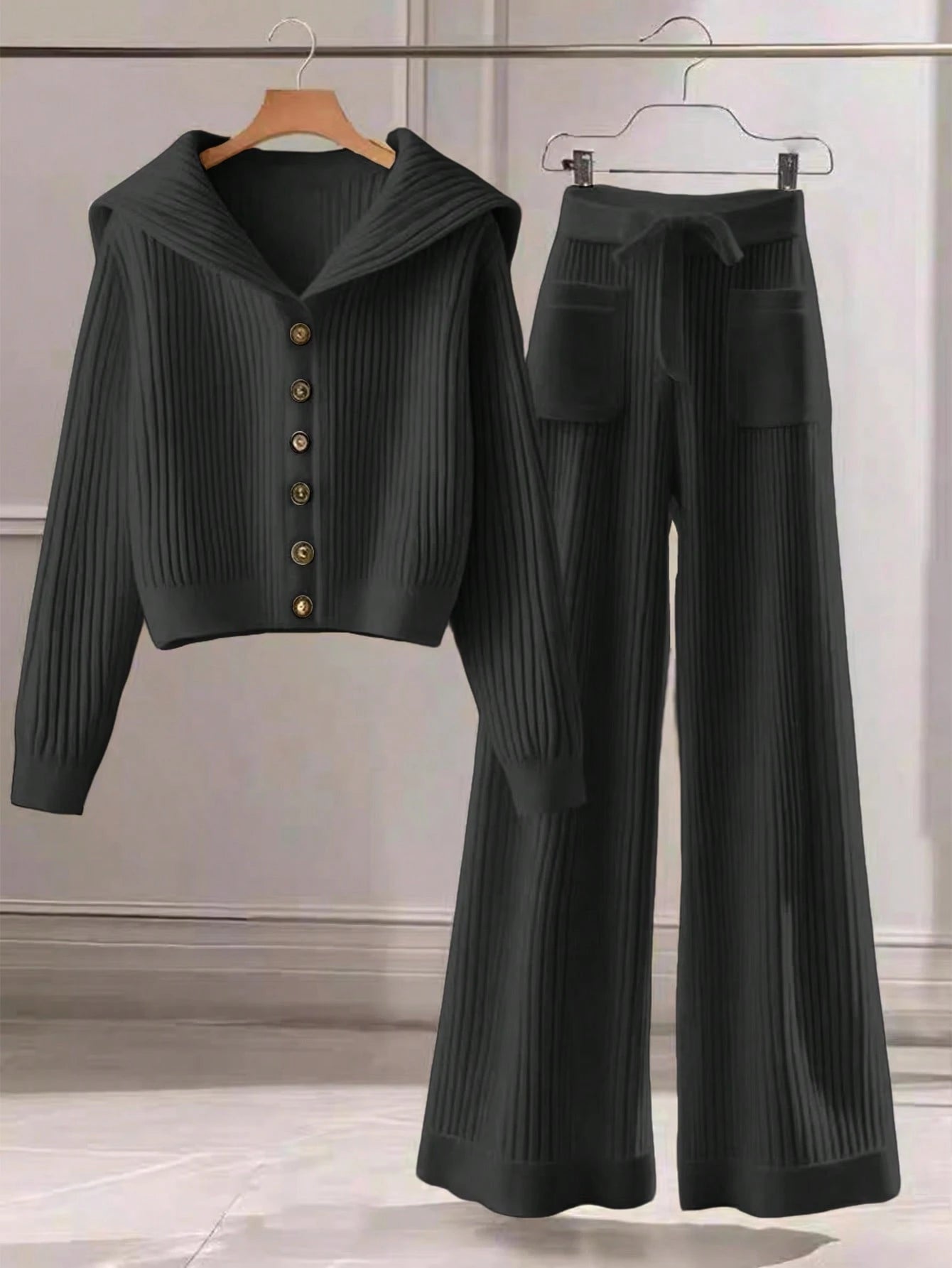 Women Casual Solid Color Knit Sweater Set, Collared Button-Up Cardigan And Front Bow Pocket Knit Pants