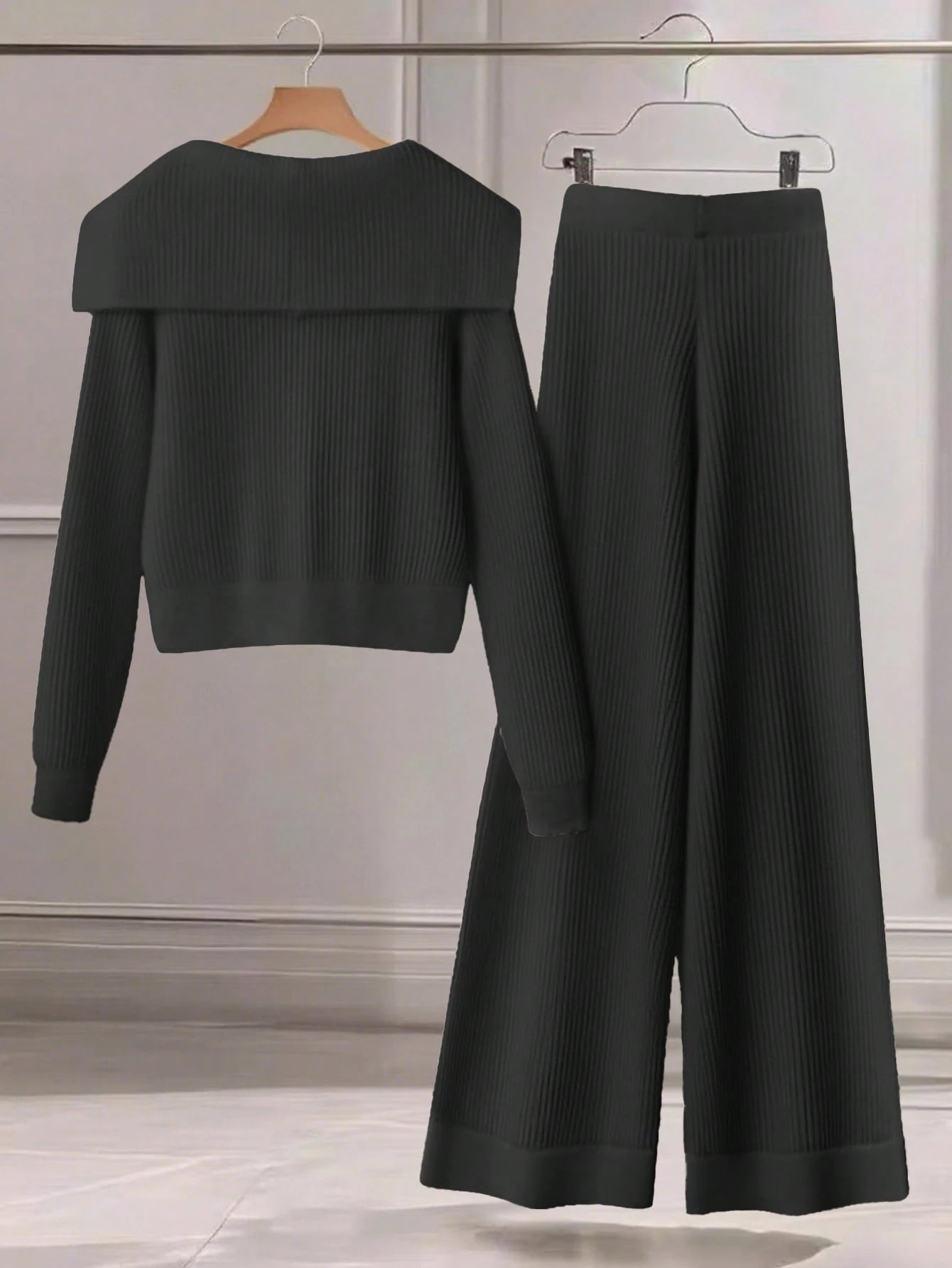 Women Casual Solid Color Knit Sweater Set, Collared Button-Up Cardigan And Front Bow Pocket Knit Pants